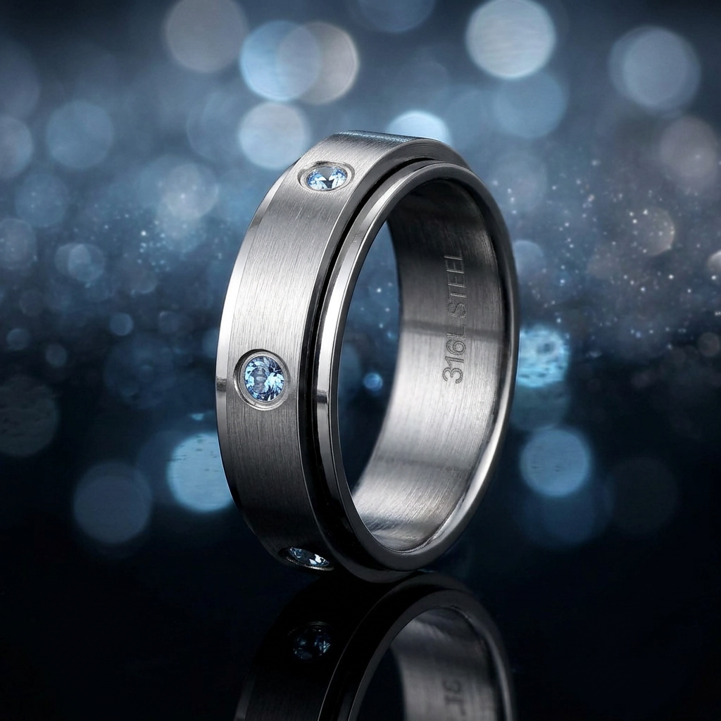 Stainless Steel 6mm Silver Spinner Band Ring with Blue CZ for Men and Women life4