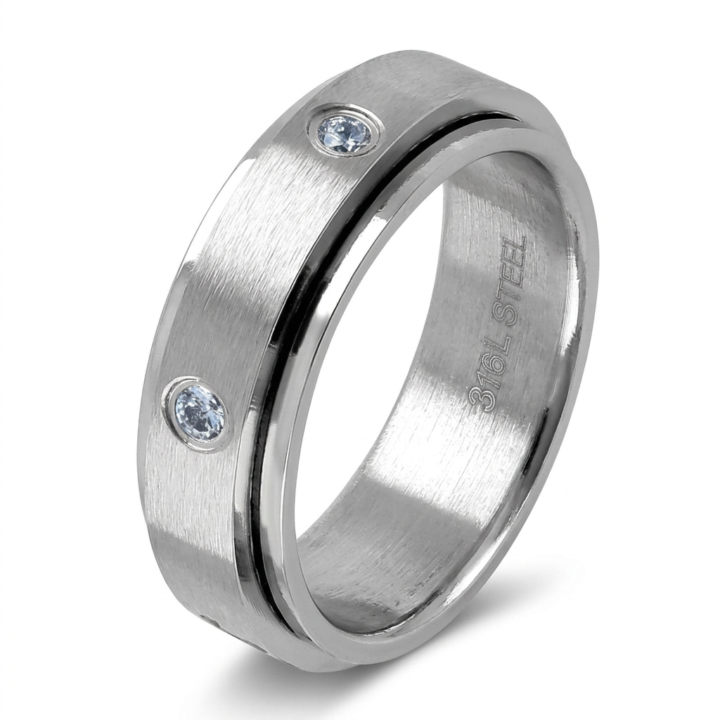 Stainless Steel 6mm Silver Spinner Band Ring with Blue CZ for Men and Women