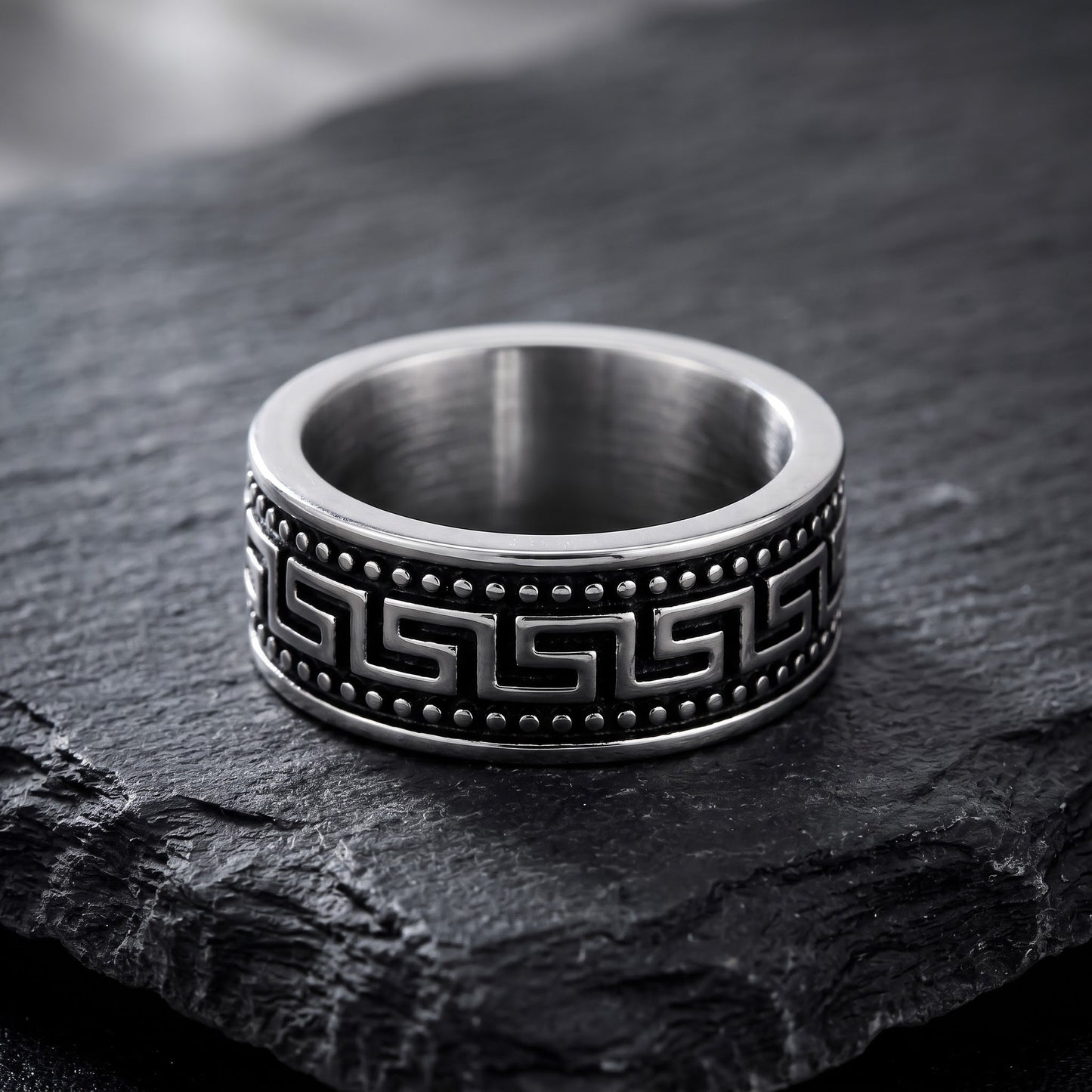 Stainless Steel Men's Greek Pattern Wedding Band Ring, Comfort Fit, Gift for Him view 1