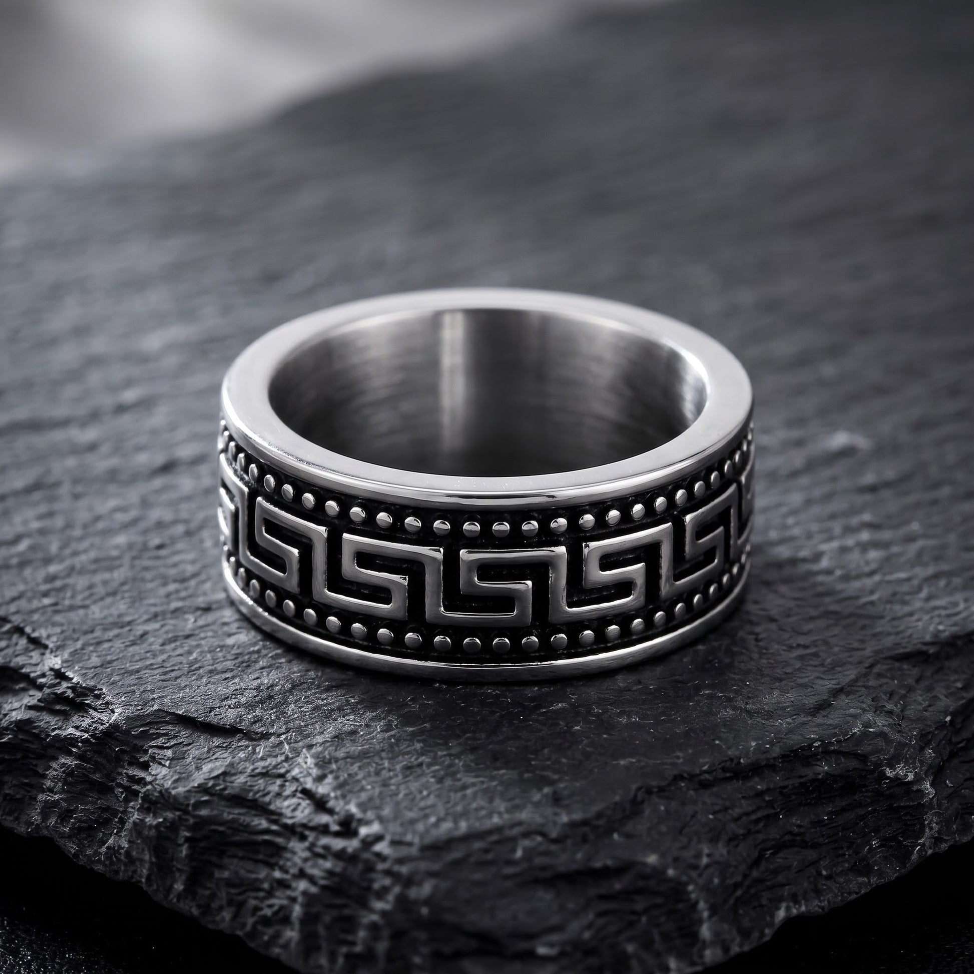 Stainless Steel Men's Greek Pattern Wedding Band Ring, Comfort Fit, Gift for Him view 1