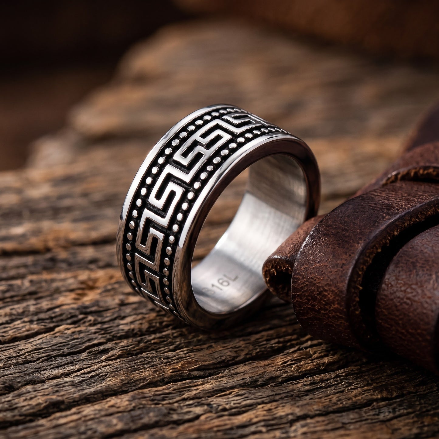 Stainless Steel Men's Greek Pattern Wedding Band Ring, Comfort Fit, Gift for Him view 2