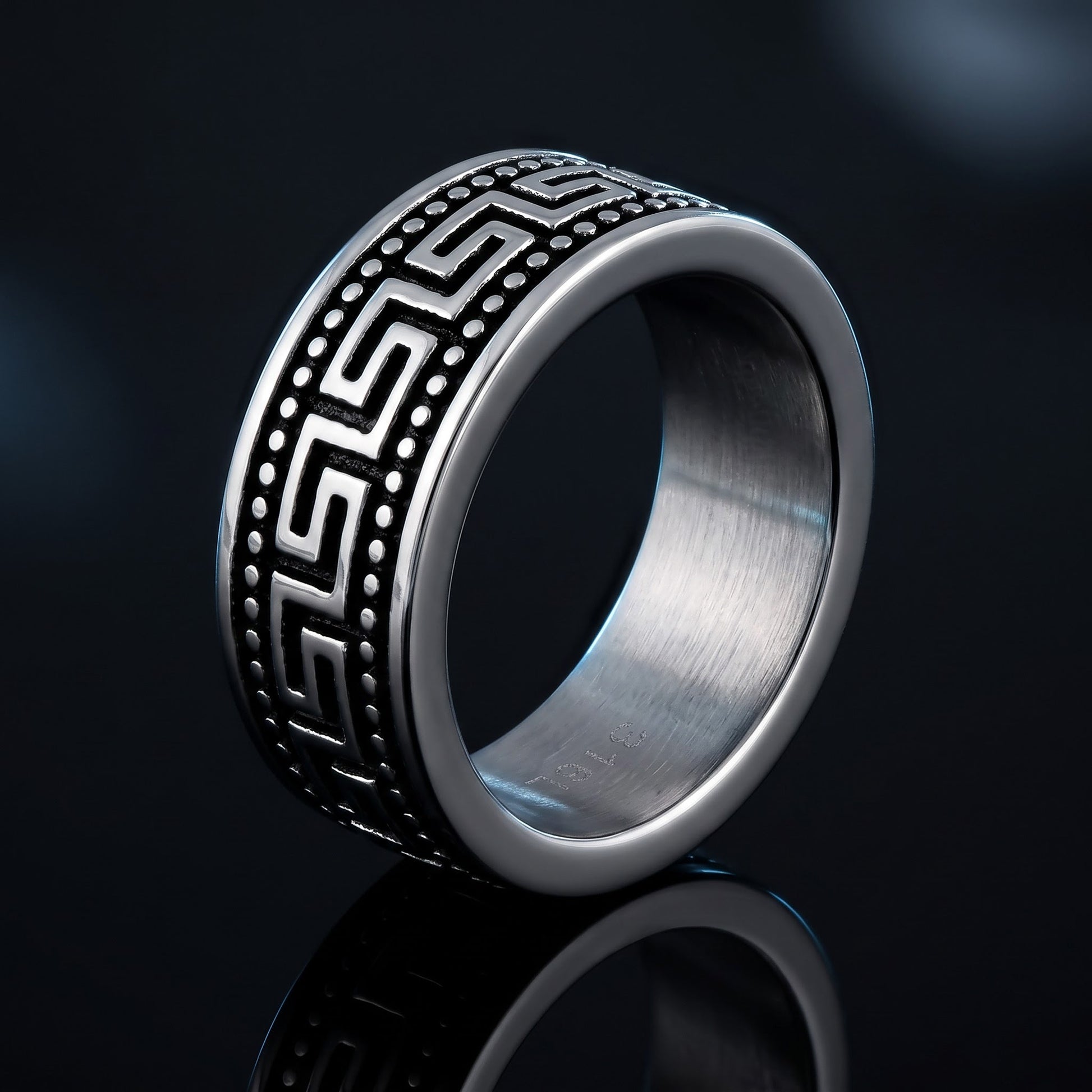Stainless Steel Men's Greek Pattern Wedding Band Ring, Comfort Fit, Gift for Him view 3