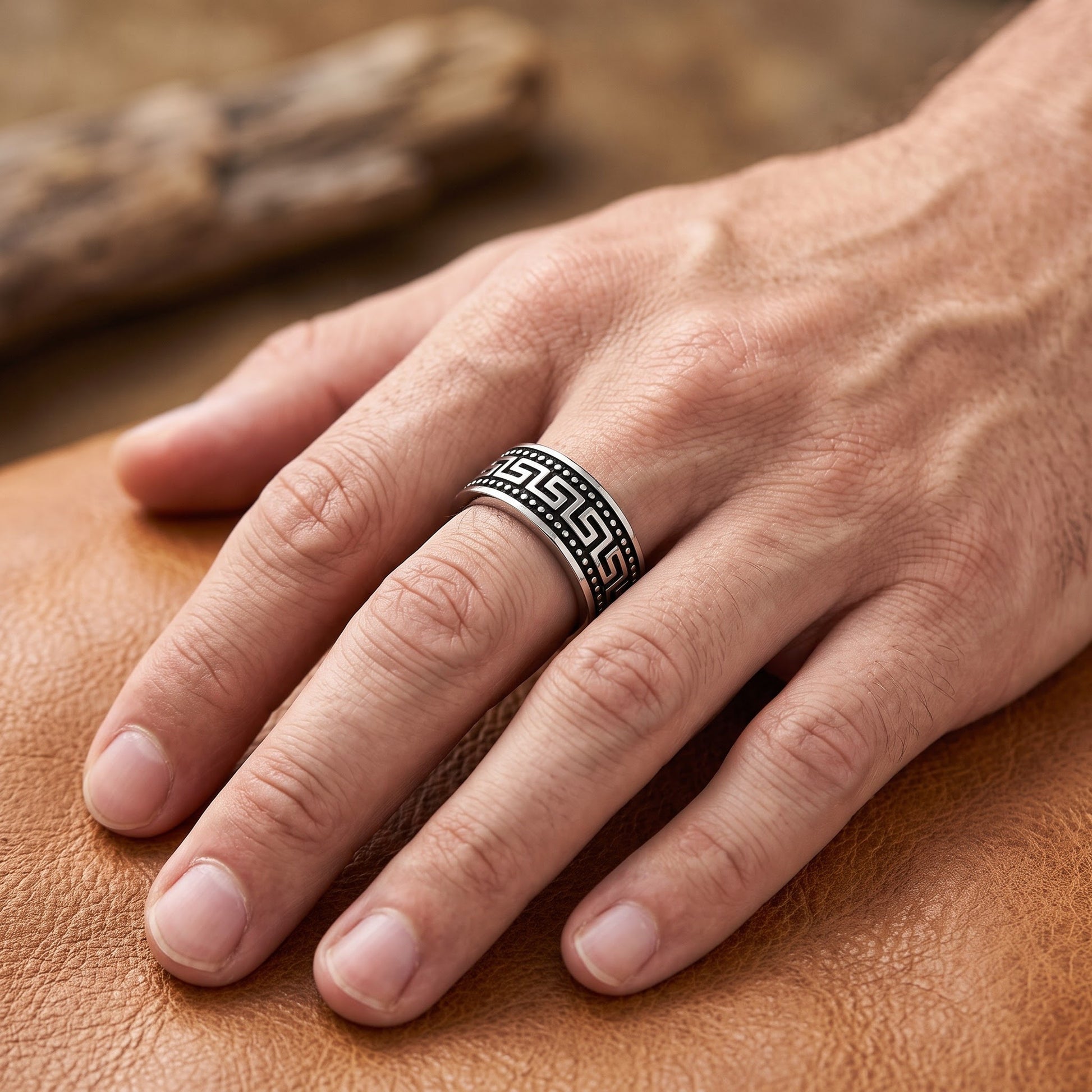 Stainless Steel Men's Greek Pattern Wedding Band Ring, Comfort Fit, Gift for Him view 5