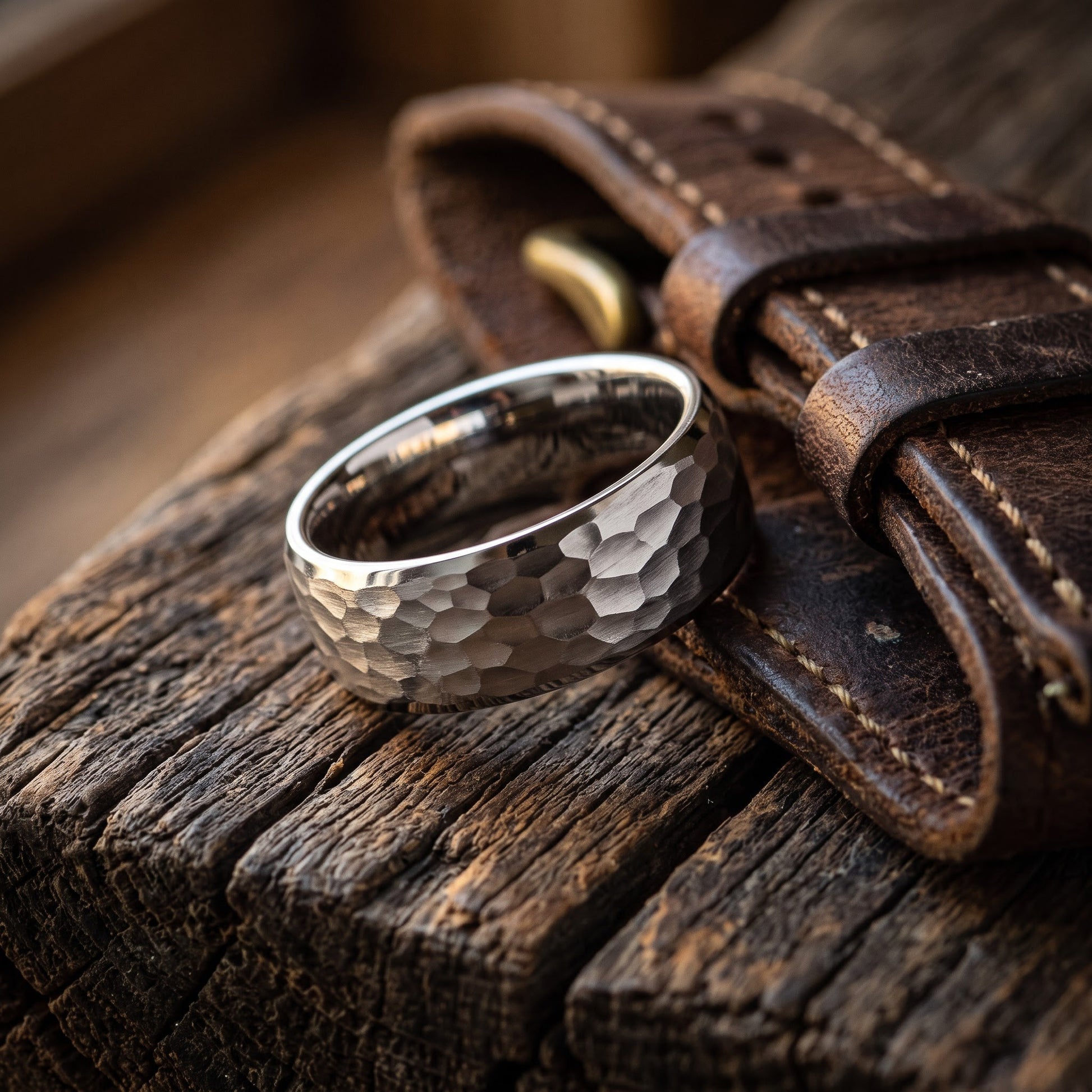 Stainless Steel Men's Hammered Wedding Band Ring, Comfort Fit, Gift for Him view 2