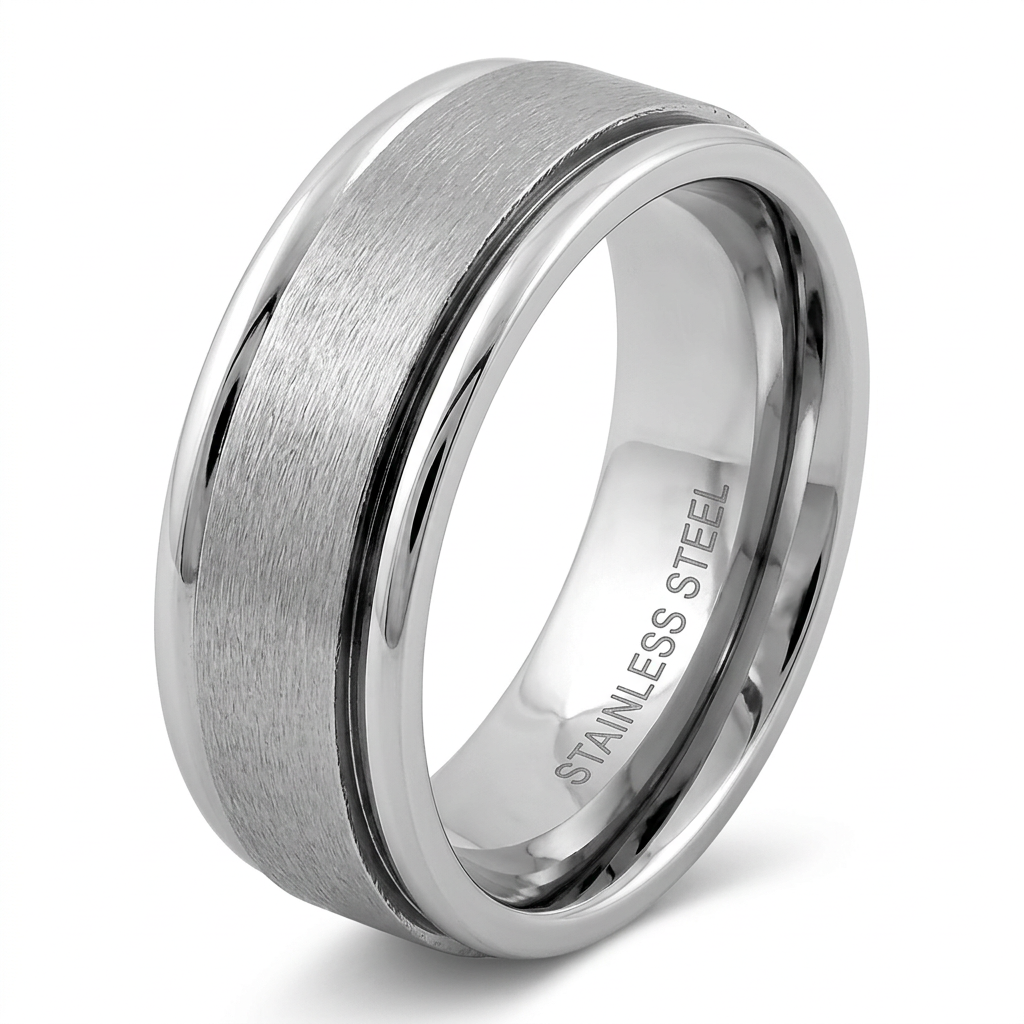 Stainless Steel 7mm Satin Brushed Center Polished Edge Wedding Band for Men