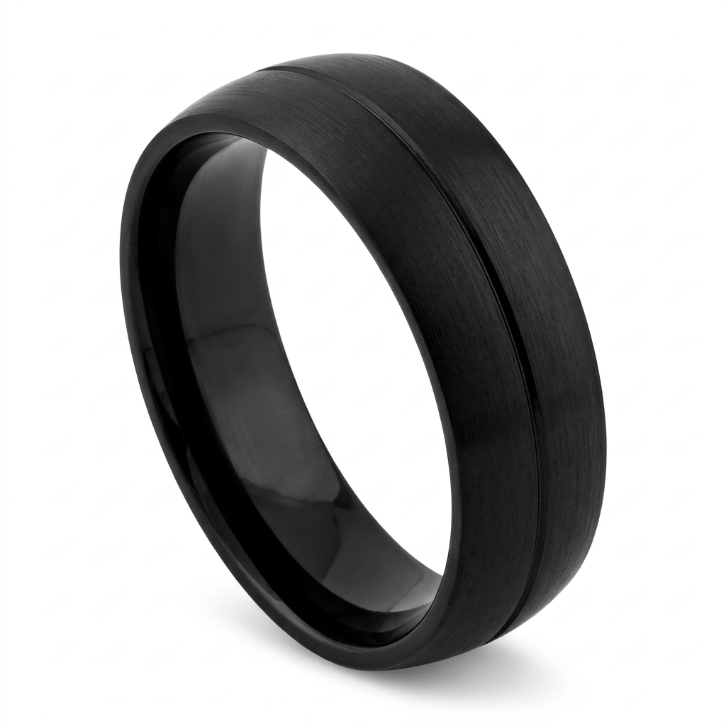 Stainless Steel 7mm Black Brushed Groove Comfort Fit Wedding Band for Men
