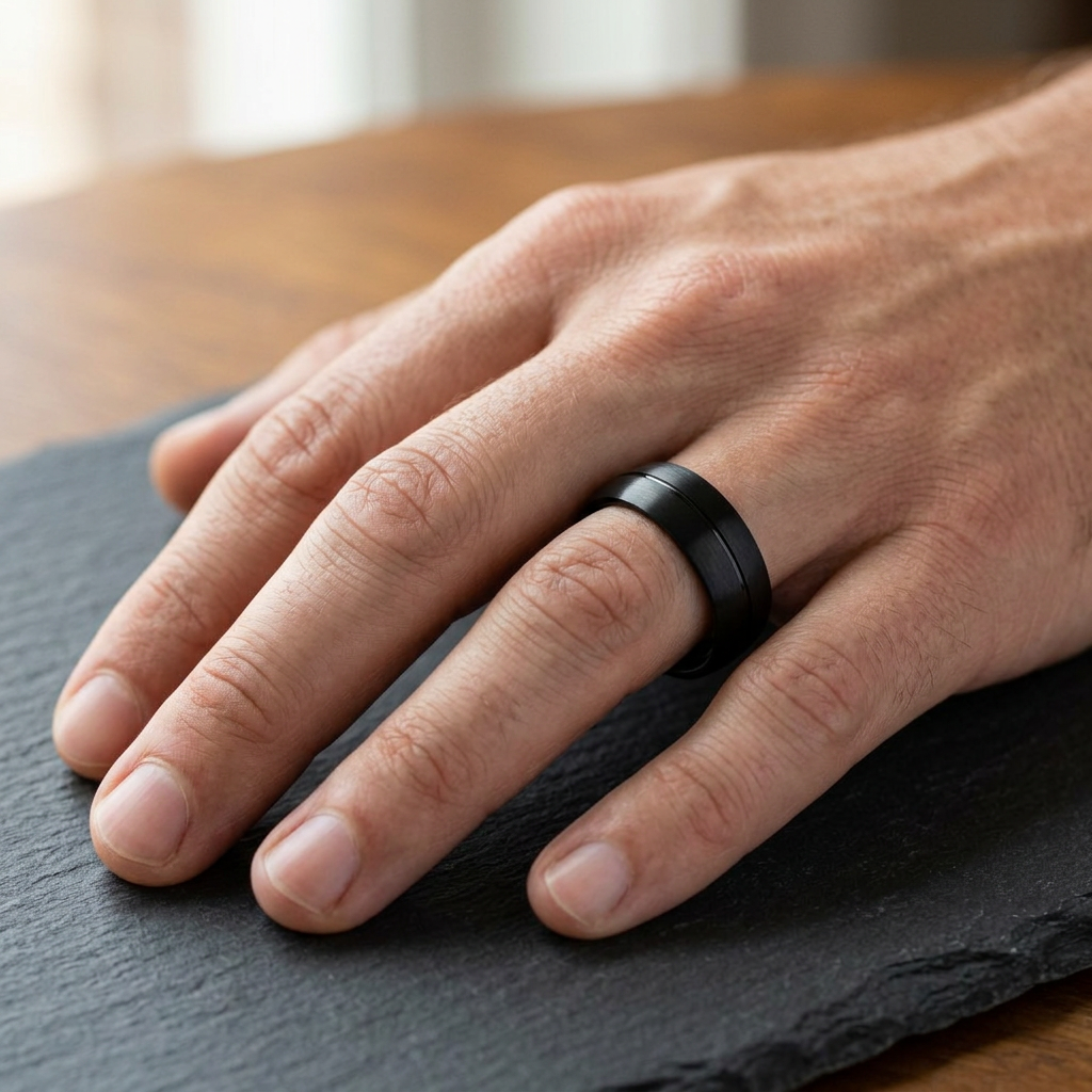 Stainless Steel 7mm Black Brushed Groove Comfort Fit Wedding Band for Men model