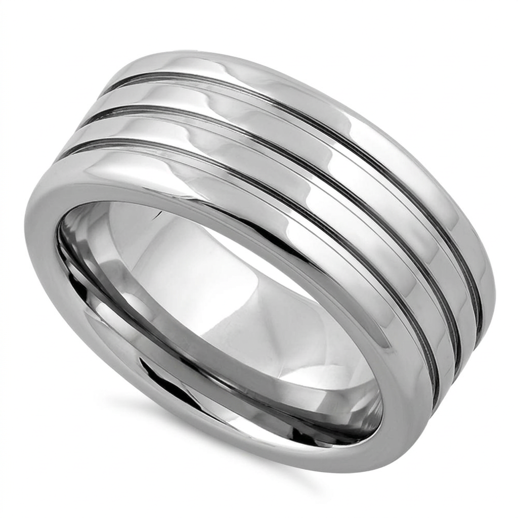 Stainless Steel 9mm Polished Silver Triple Groove Wedding Band Ring for Men
