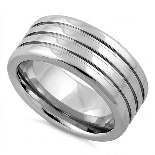 Stainless Steel 9mm Polished Silver Triple Groove Wedding Band Ring for Men