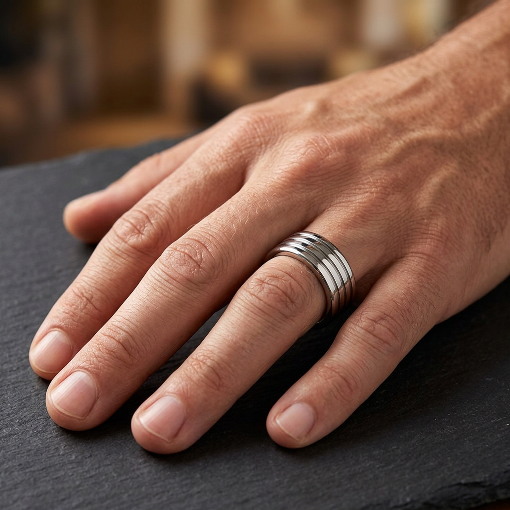 Stainless Steel 9mm Polished Silver Triple Groove Wedding Band Ring for Men model