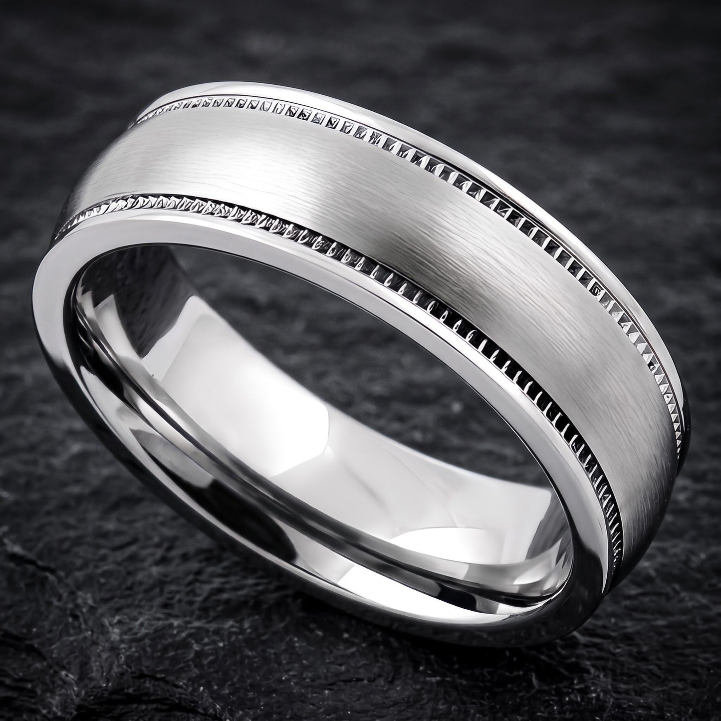 Stainless Steel Men's Coin Edged Satin Finish Wedding Band Ring, Comfort Fit, Gift for Him view 1