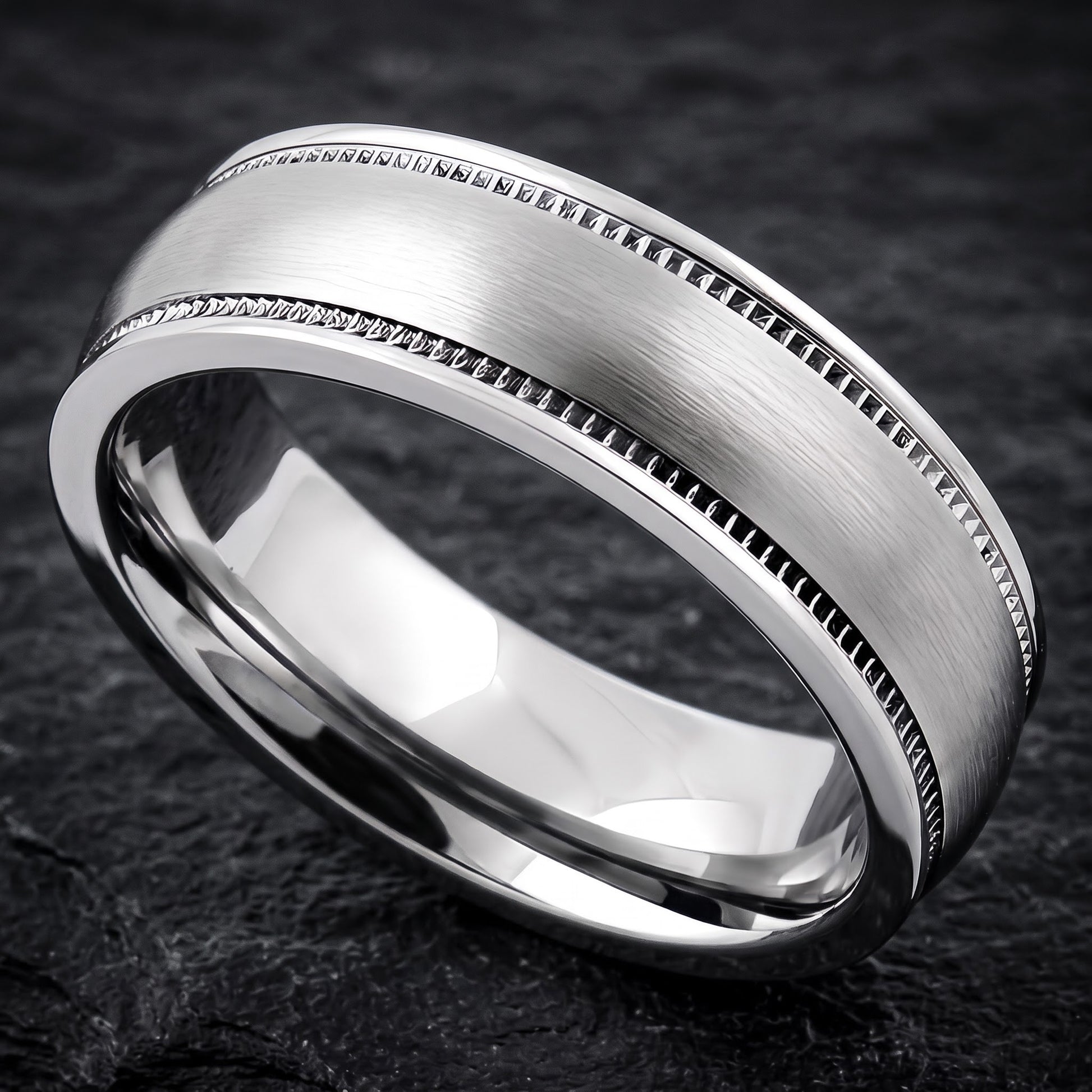 Stainless Steel Men's Coin Edged Satin Finish Wedding Band Ring, Comfort Fit, Gift for Him view 1