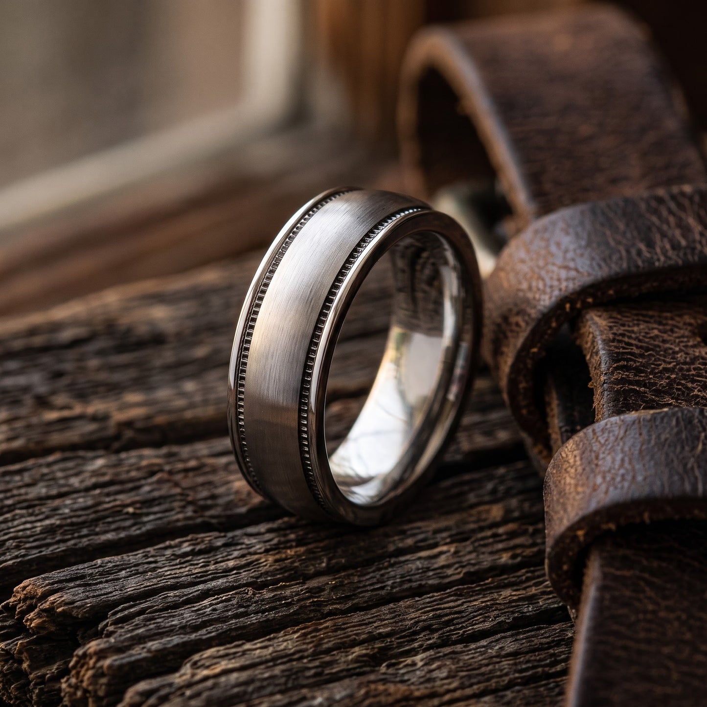 Stainless Steel Men's Coin Edged Satin Finish Wedding Band Ring, Comfort Fit, Gift for Him view 2
