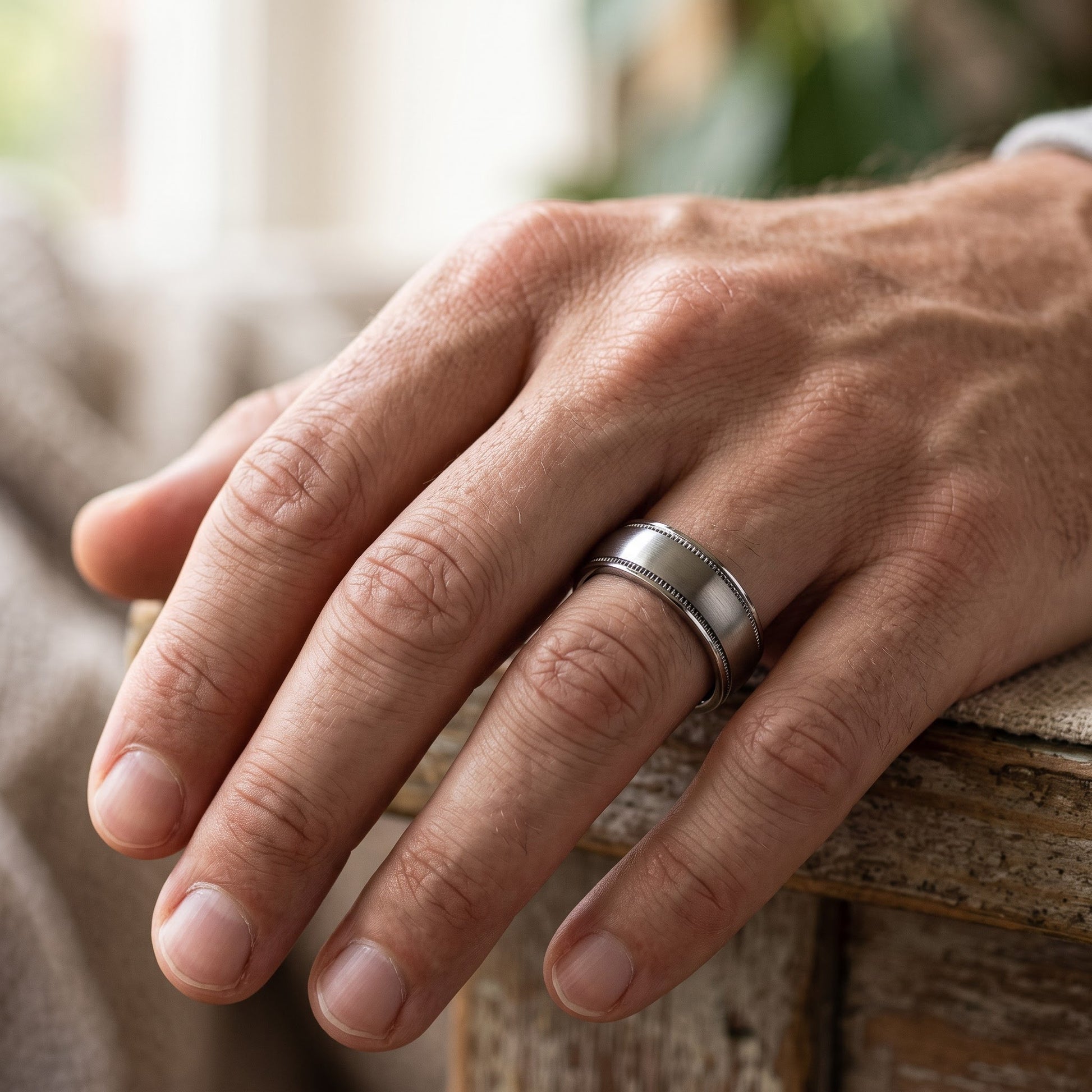 Stainless Steel Men's Coin Edged Satin Finish Wedding Band Ring, Comfort Fit, Gift for Him view 5