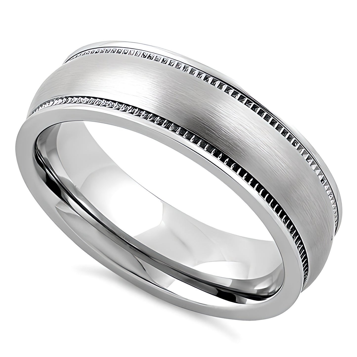 Stainless Steel Men's Coin Edged Satin Finish Wedding Band Ring, Comfort Fit, Gift for Him
