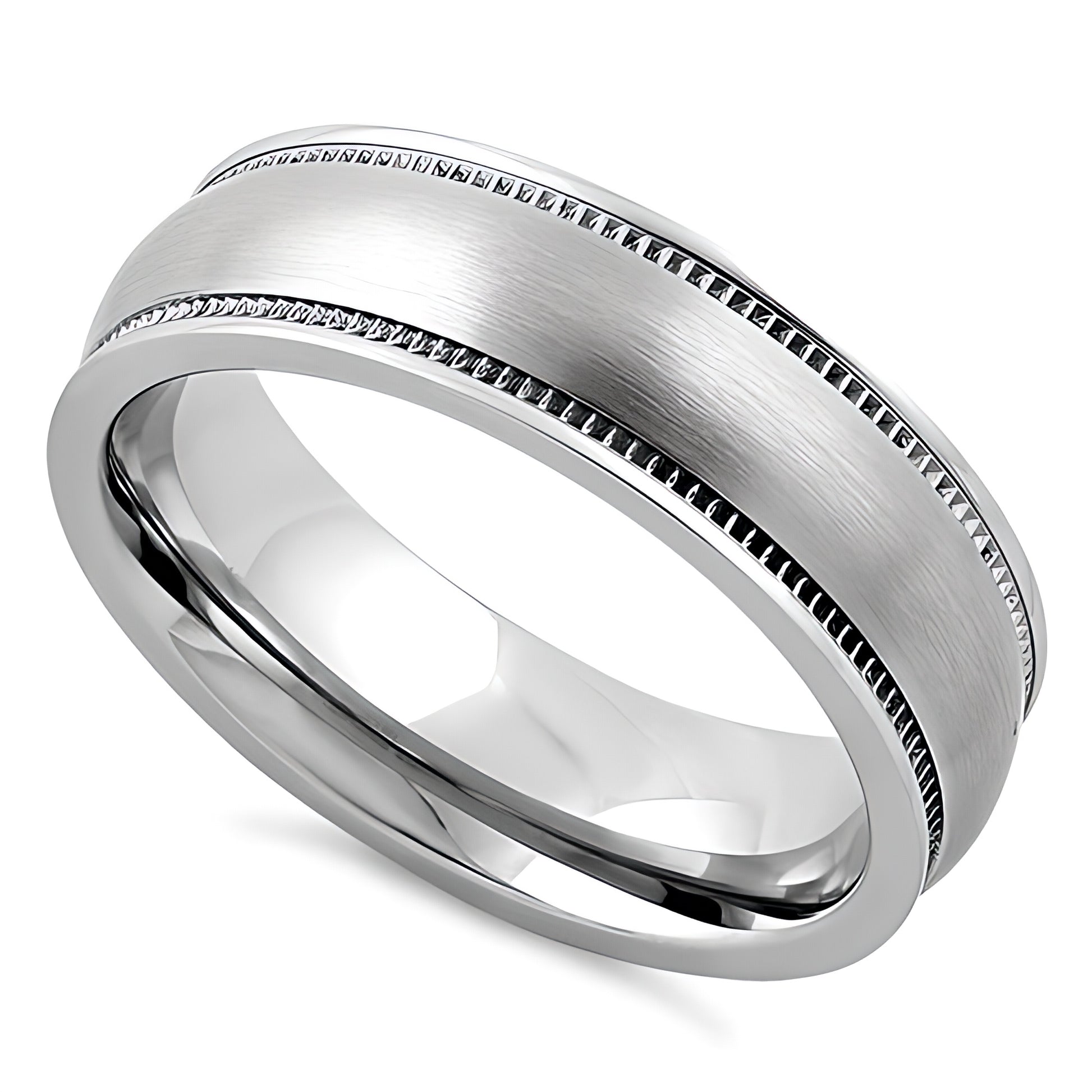 Stainless Steel Men's Coin Edged Satin Finish Wedding Band Ring, Comfort Fit, Gift for Him