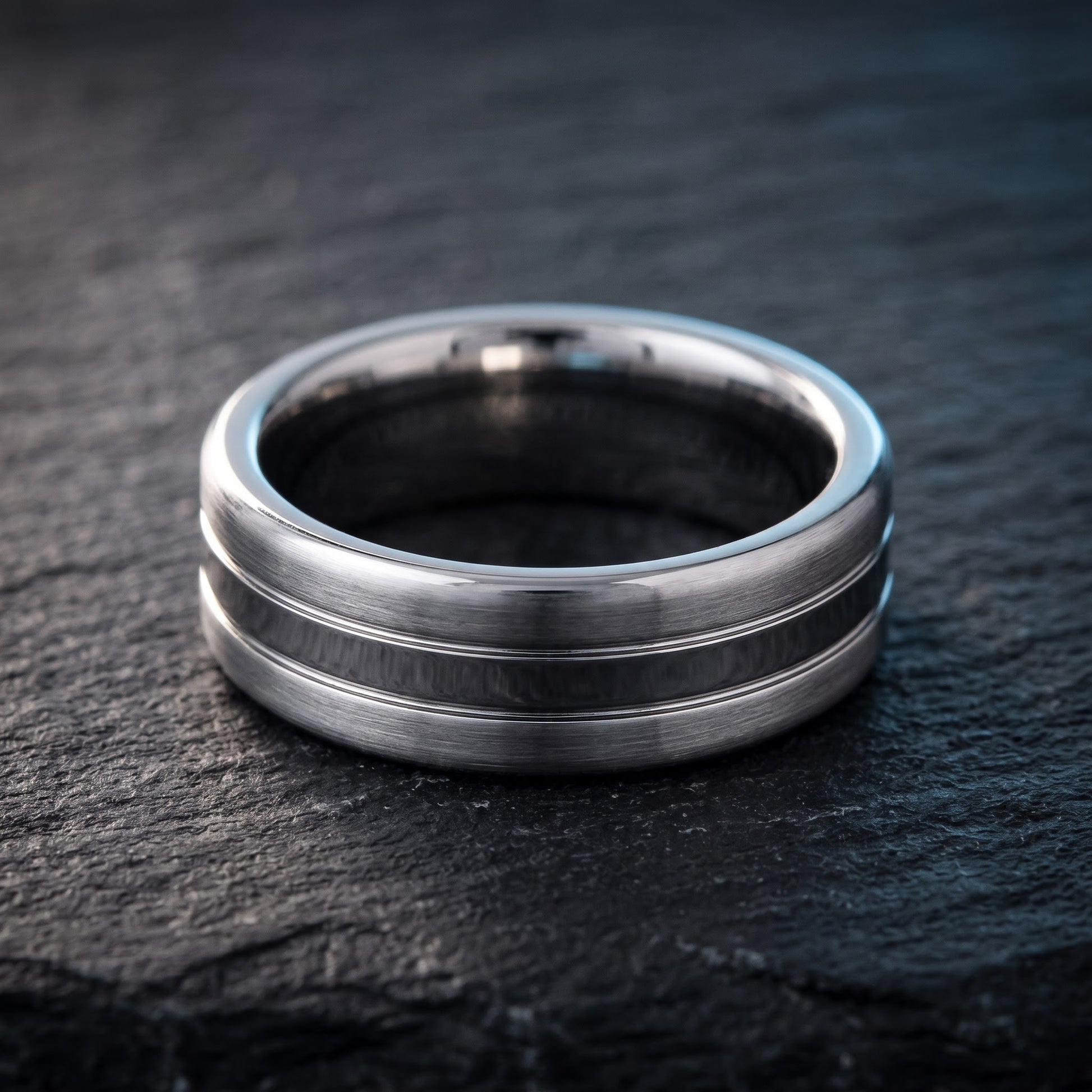 Stainless Steel Men's Center Polished Double Groove Satin Finish Wedding Band Ring, Comfort Fit, Gift for Him view 1