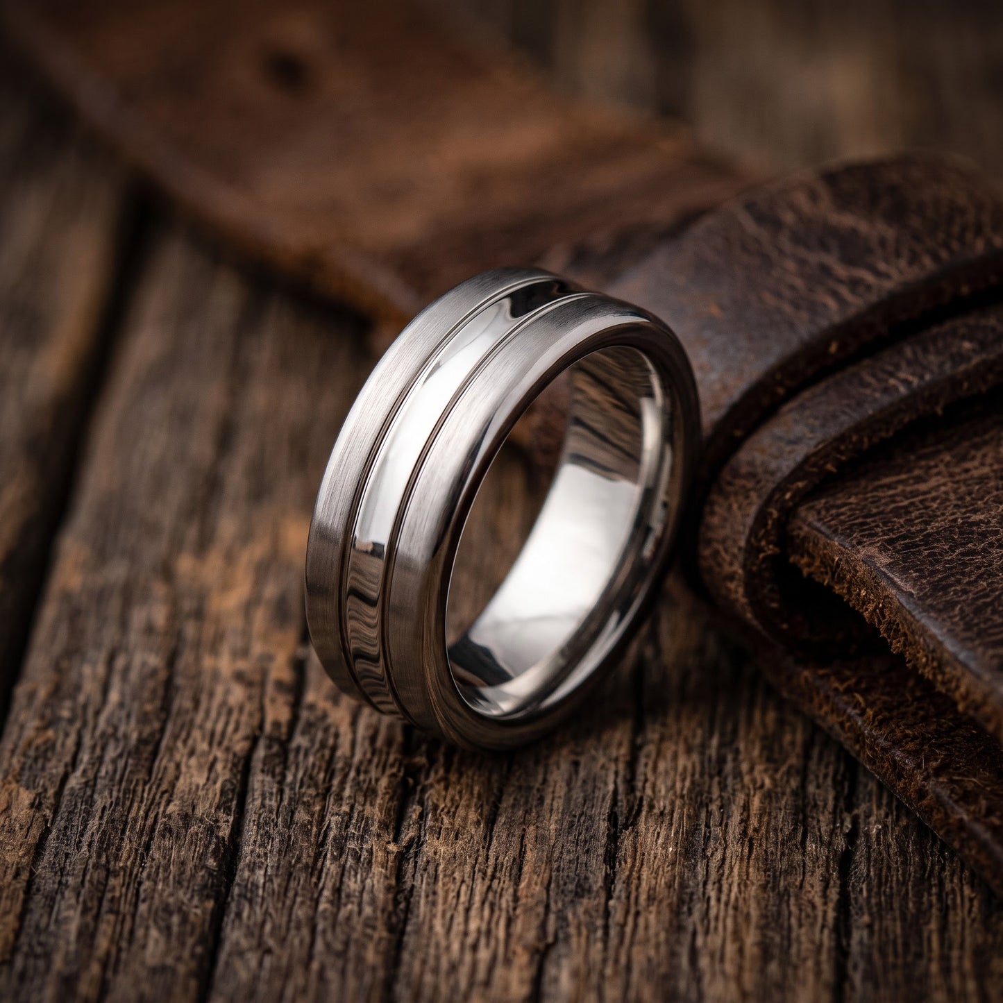 Stainless Steel Men's Center Polished Double Groove Satin Finish Wedding Band Ring, Comfort Fit, Gift for Him view 2