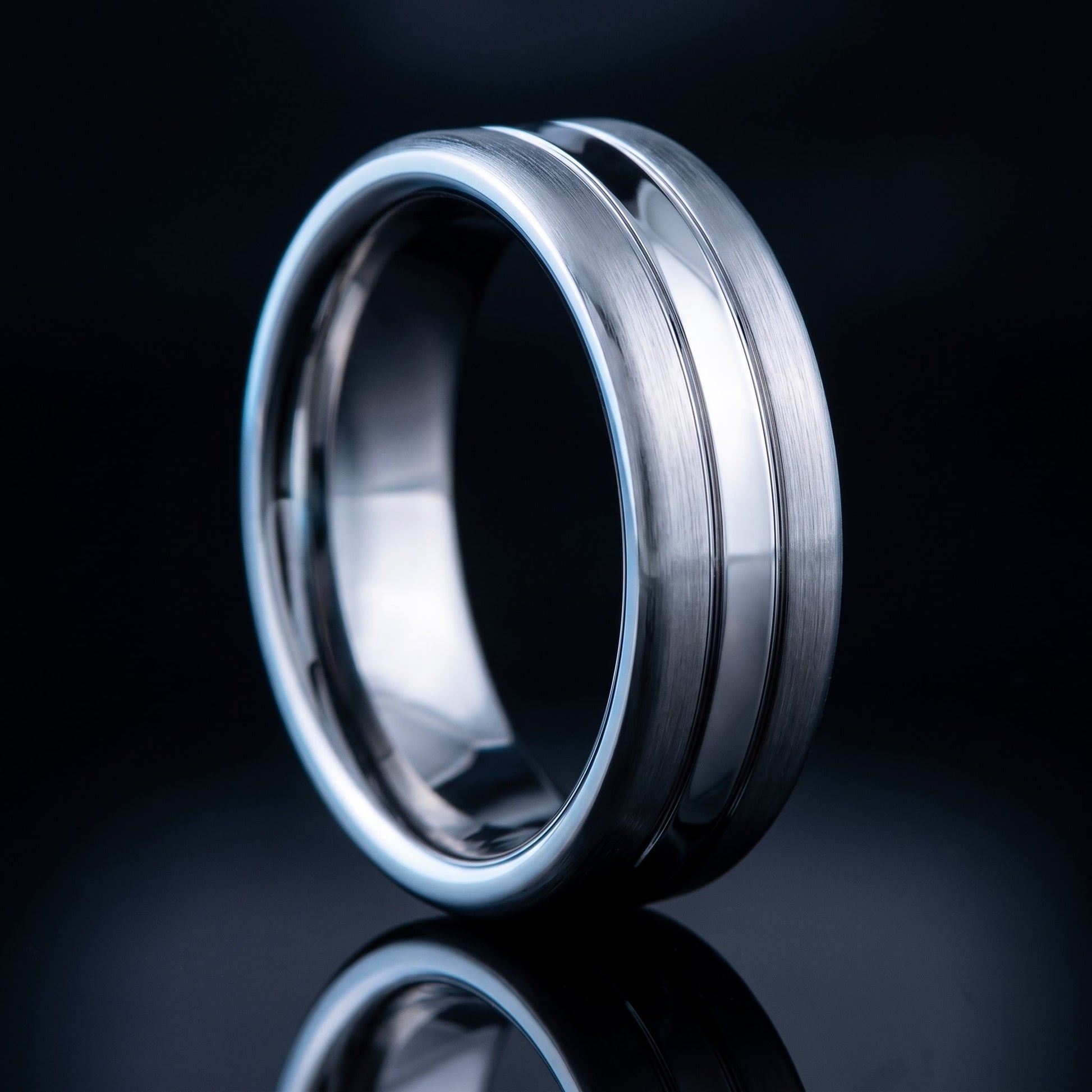 Stainless Steel Men's Center Polished Double Groove Satin Finish Wedding Band Ring, Comfort Fit, Gift for Him view 3