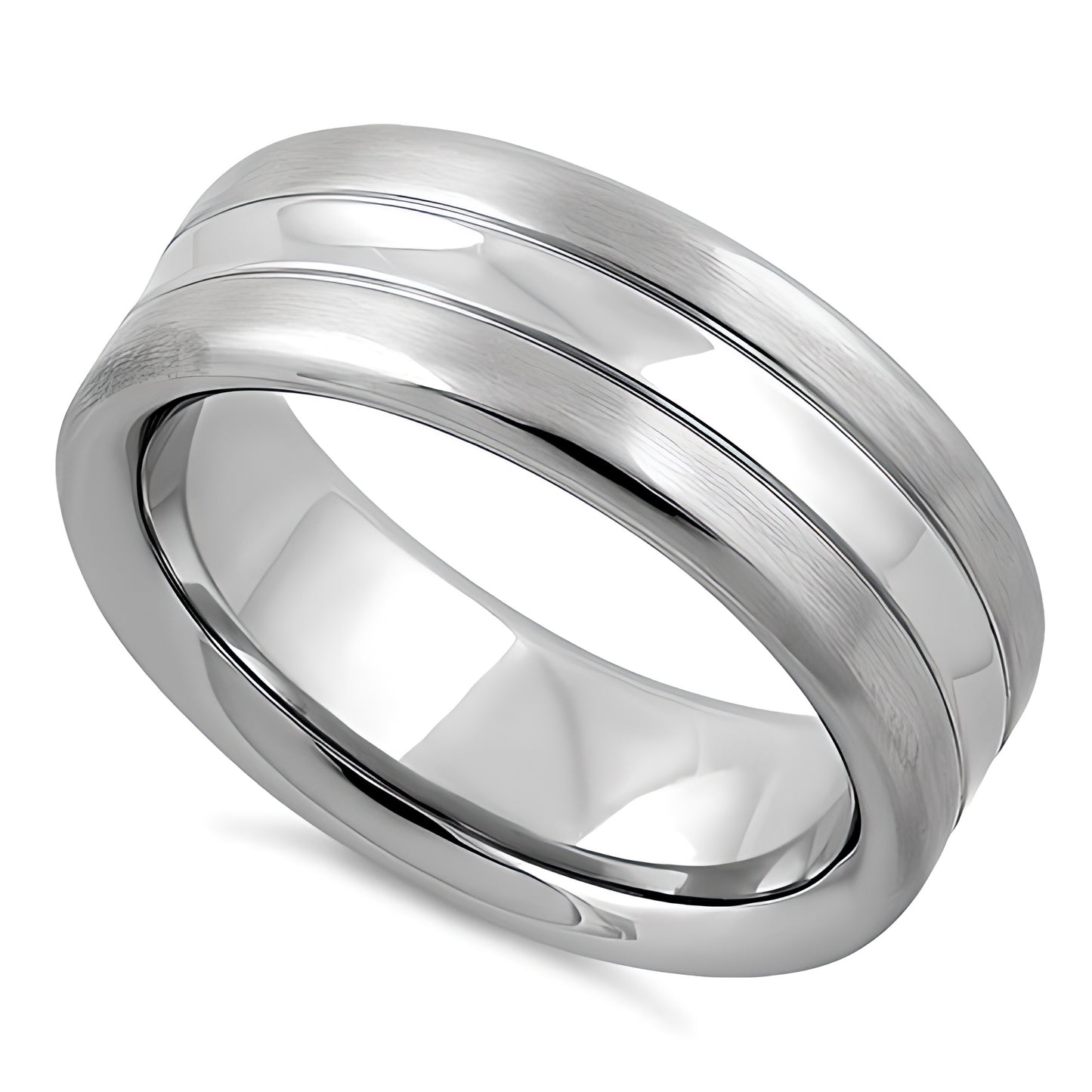 Stainless Steel Men's Center Polished Double Groove Satin Finish Wedding Band Ring, Comfort Fit, Gift for Him
