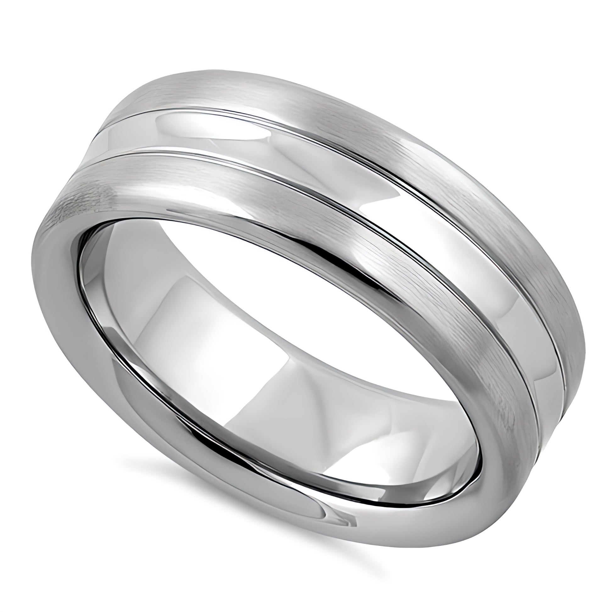 Stainless Steel Men's Center Polished Double Groove Satin Finish Wedding Band Ring, Comfort Fit, Gift for Him