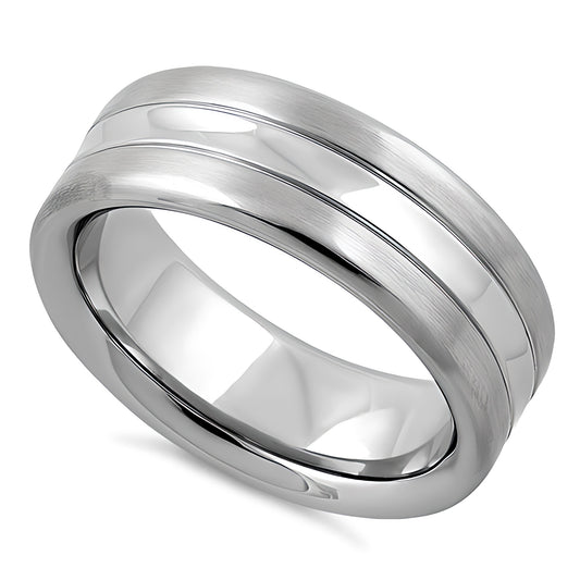 Stainless Steel Men's Center Polished Double Groove Satin Finish Wedding Band Ring, Comfort Fit, Gift for Him