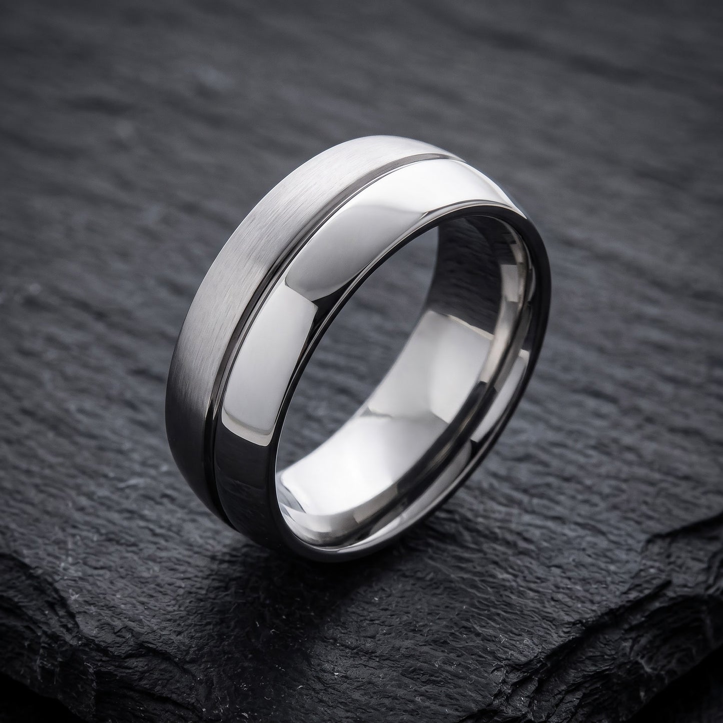 Stainless Steel Men's Polished Satin Finish Groove Wedding Band Ring, Comfort Fit, Gift for Him view 1
