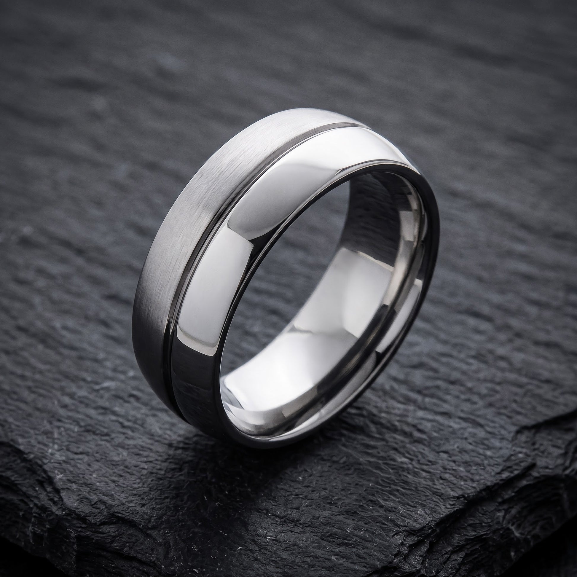 Stainless Steel Men's Polished Satin Finish Groove Wedding Band Ring, Comfort Fit, Gift for Him view 1