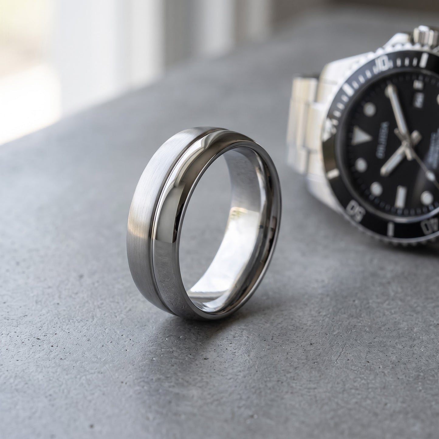 Stainless Steel Men's Polished Satin Finish Groove Wedding Band Ring, Comfort Fit, Gift for Him view 4