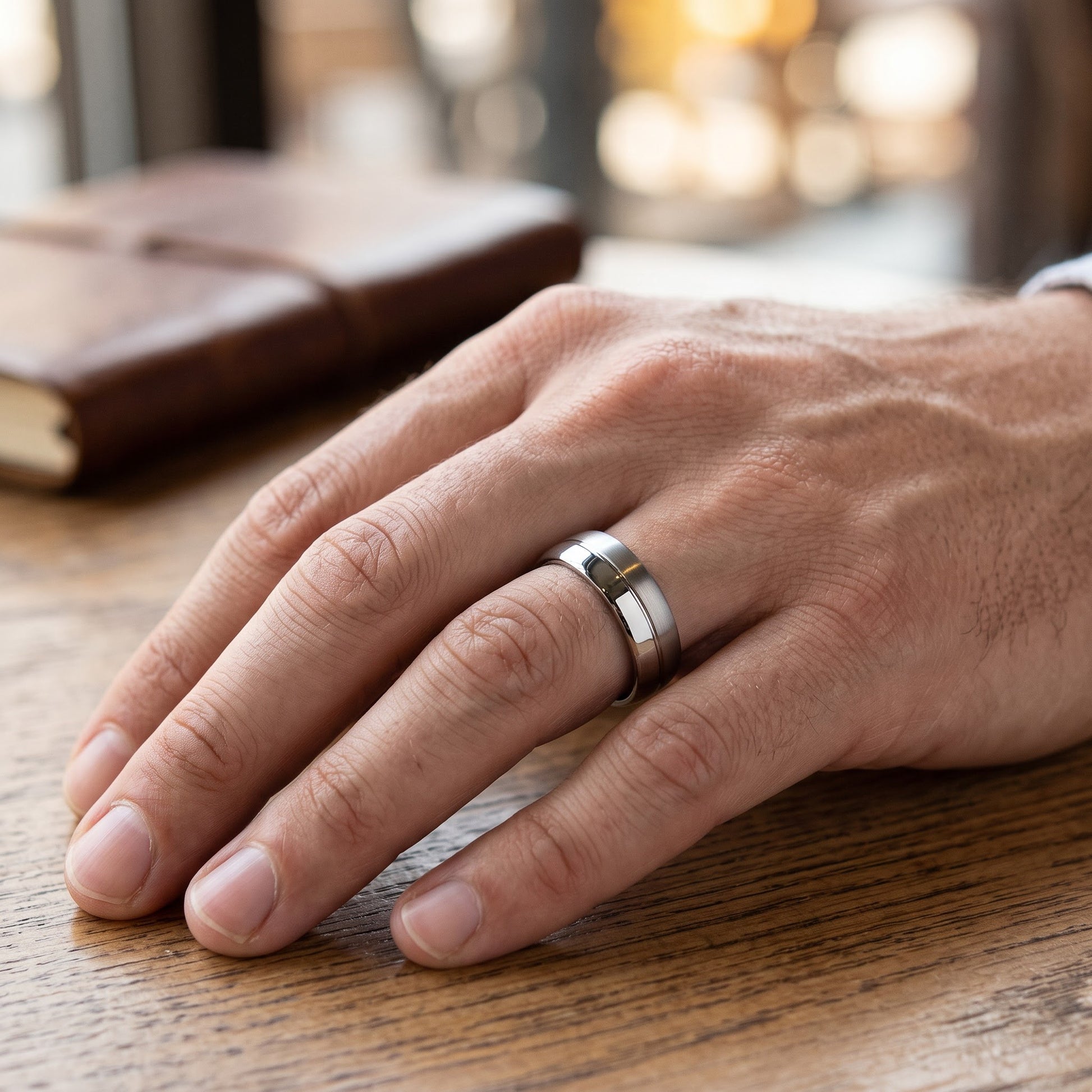 Stainless Steel Men's Polished Satin Finish Groove Wedding Band Ring, Comfort Fit, Gift for Him view 5