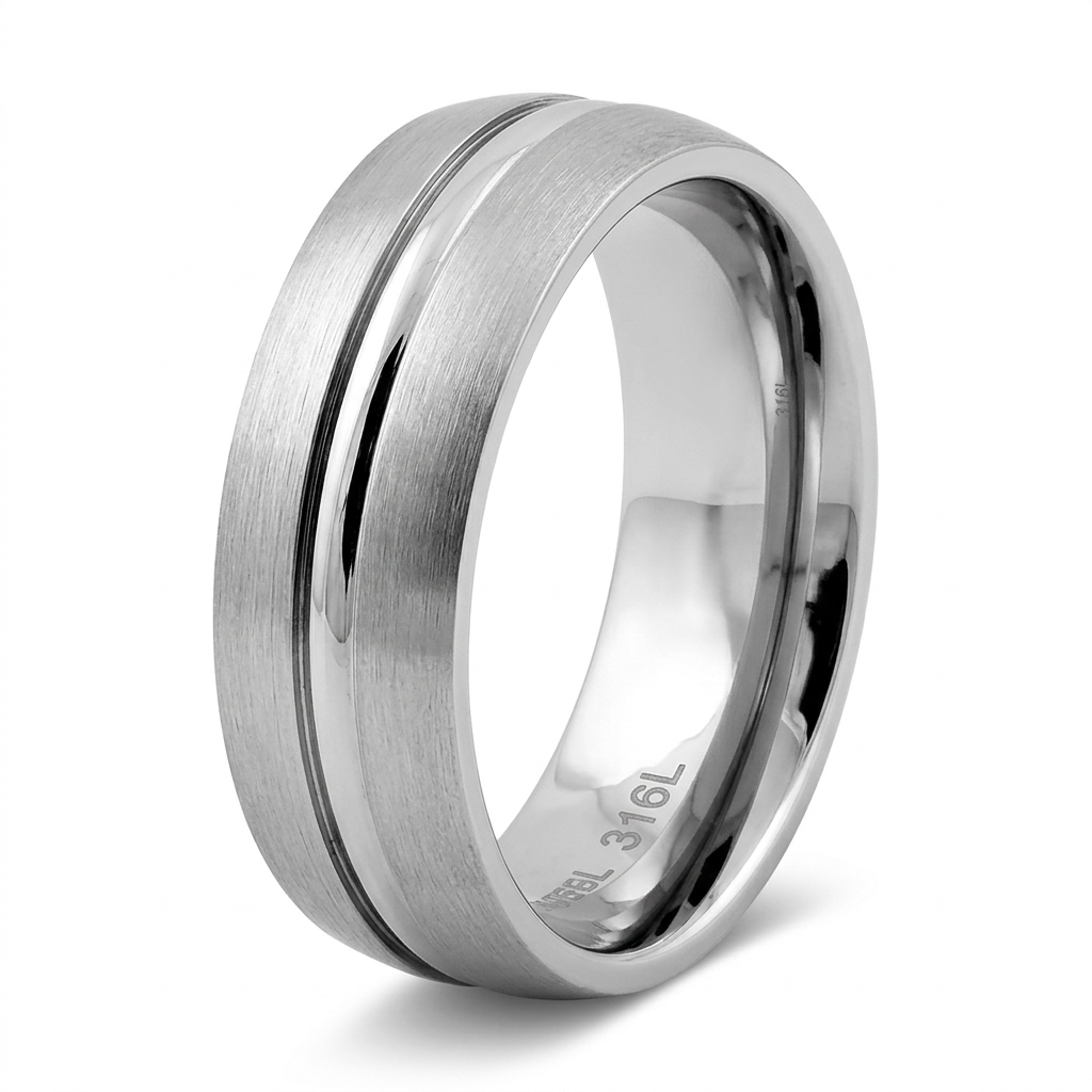 Stainless Steel 7mm Brushed Silver Center Groove Wedding Band Ring for Men
