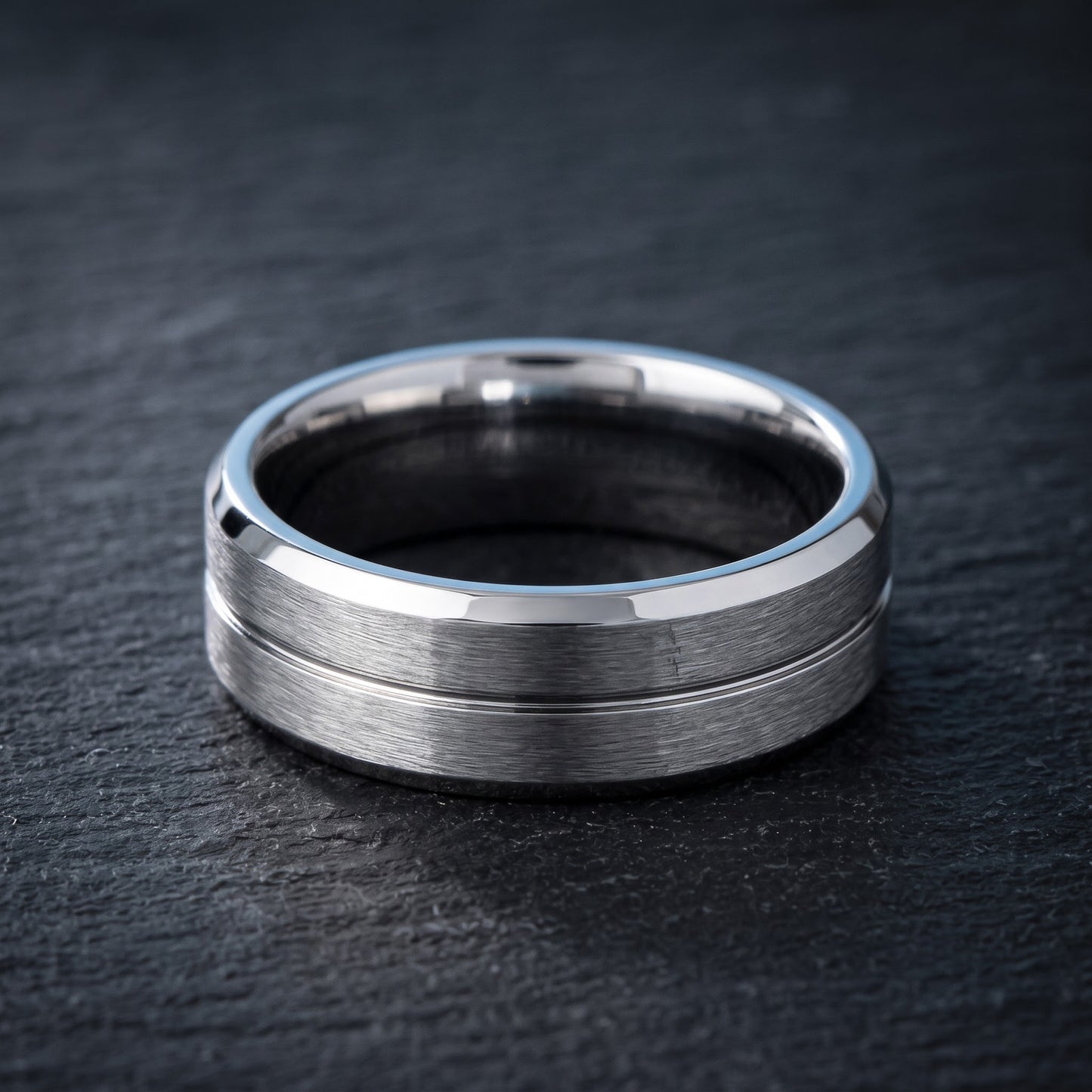 Stainless Steel Men's Polished Beveled Groove Satin Finish Wedding Band Ring, Comfort Fit, Gift for Him view 1