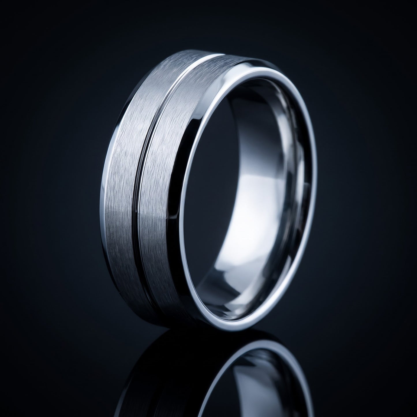 Stainless Steel Men's Polished Beveled Groove Satin Finish Wedding Band Ring, Comfort Fit, Gift for Him view 3