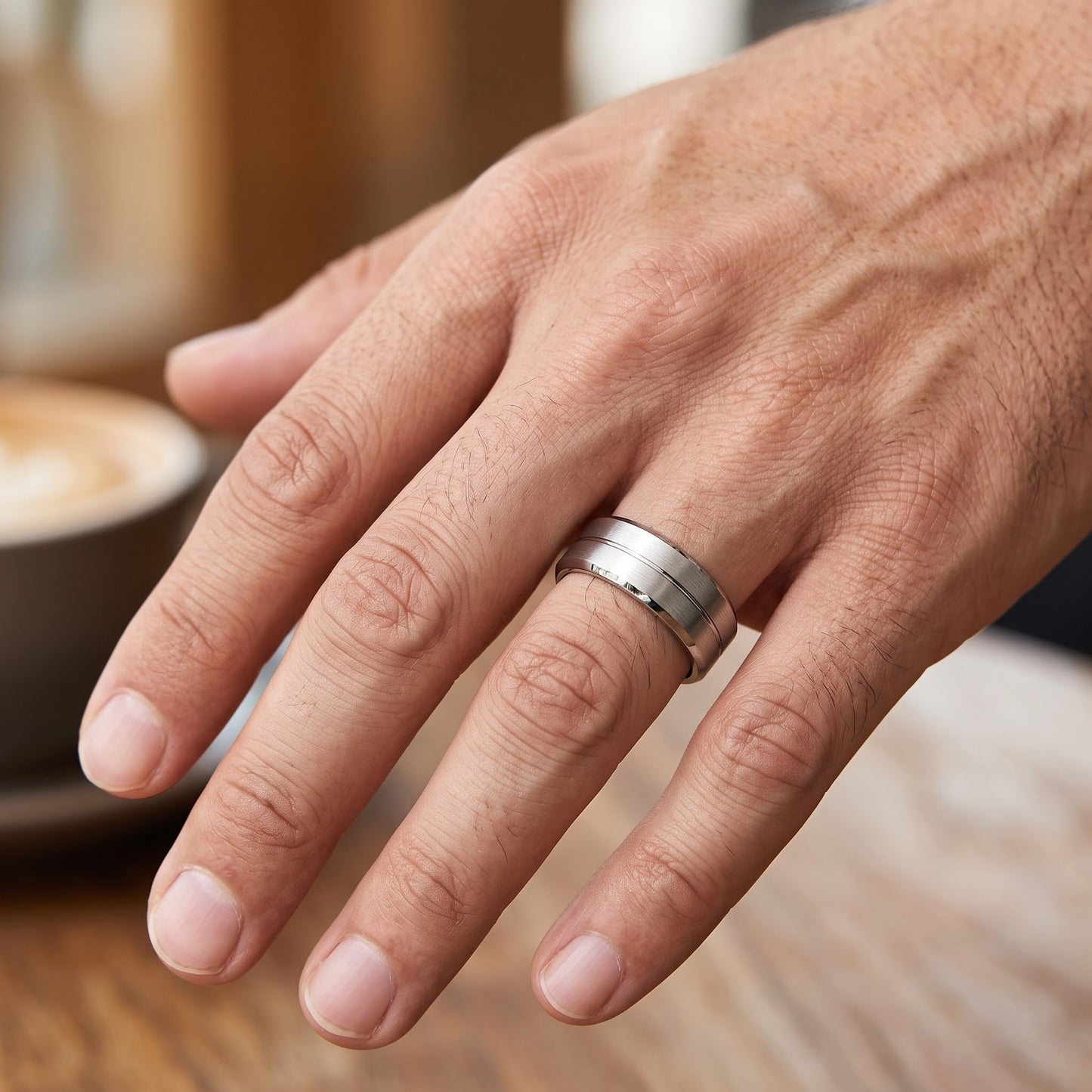 Stainless Steel Men's Polished Beveled Groove Satin Finish Wedding Band Ring, Comfort Fit, Gift for Him view 5