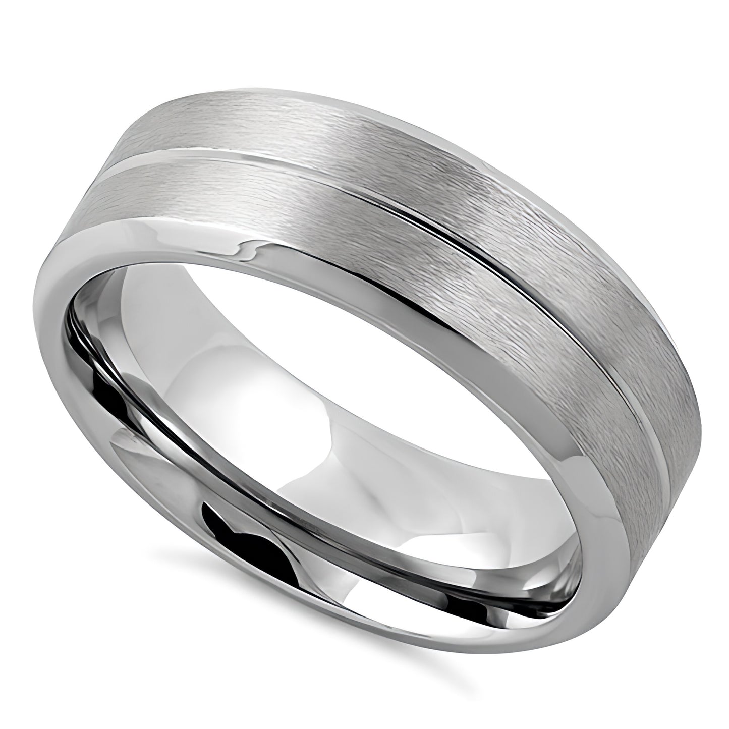 Stainless Steel Men's Polished Beveled Groove Satin Finish Wedding Band Ring, Comfort Fit, Gift for Him
