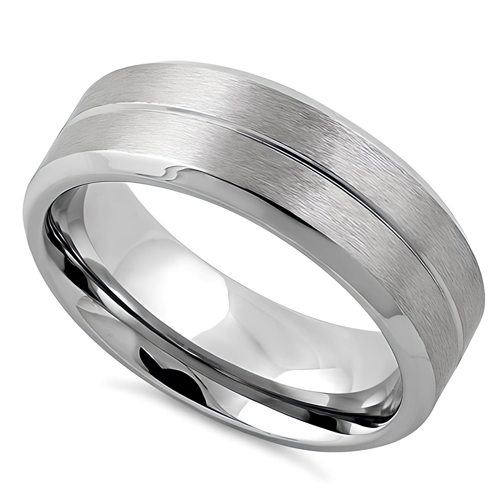 Stainless Steel Men's Polished Beveled Groove Satin Finish Wedding Band Ring, Comfort Fit, Gift for Him