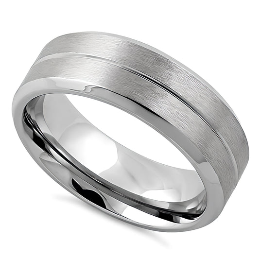 Stainless Steel Men's Polished Beveled Groove Satin Finish Wedding Band Ring, Comfort Fit, Gift for Him
