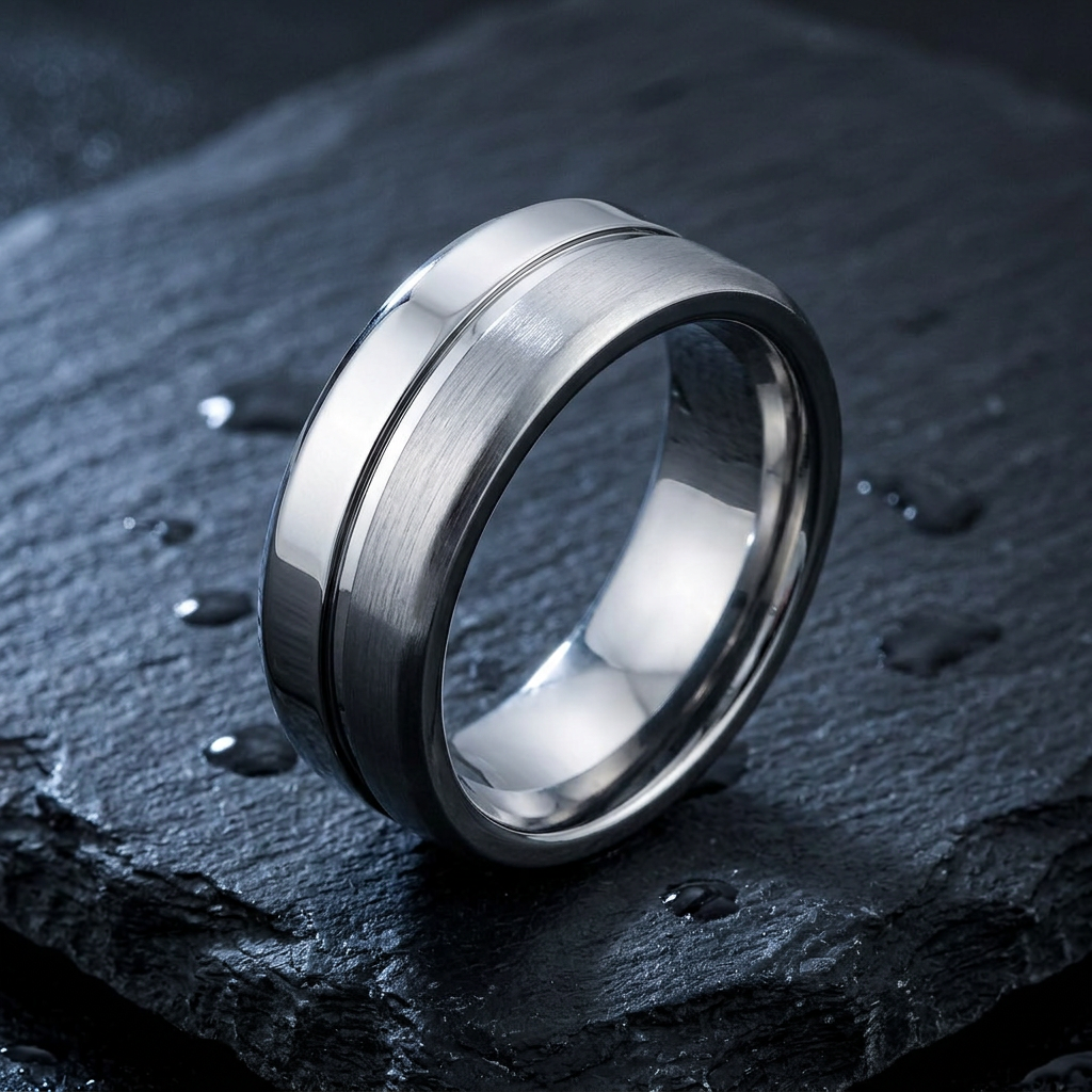 Stainless Steel 7.8mm Brushed Silver Offset Groove Wedding Band Ring for Men life1