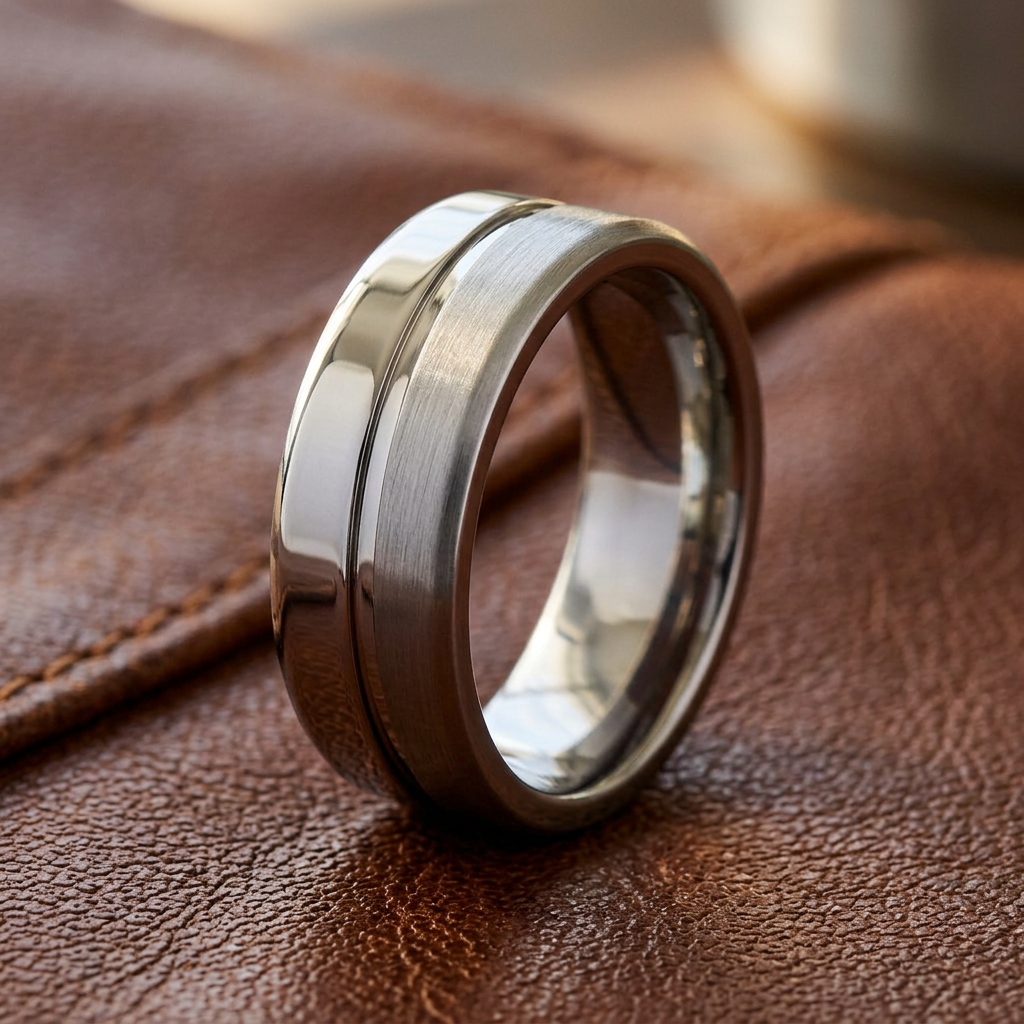 Stainless Steel 7.8mm Brushed Silver Offset Groove Wedding Band Ring for Men life2
