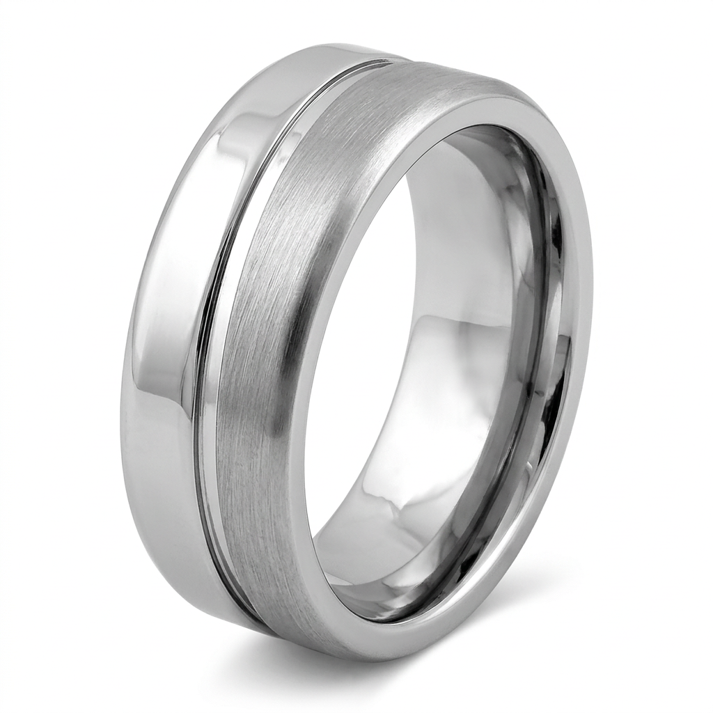 Stainless Steel 7.8mm Brushed Silver Offset Groove Wedding Band Ring for Men