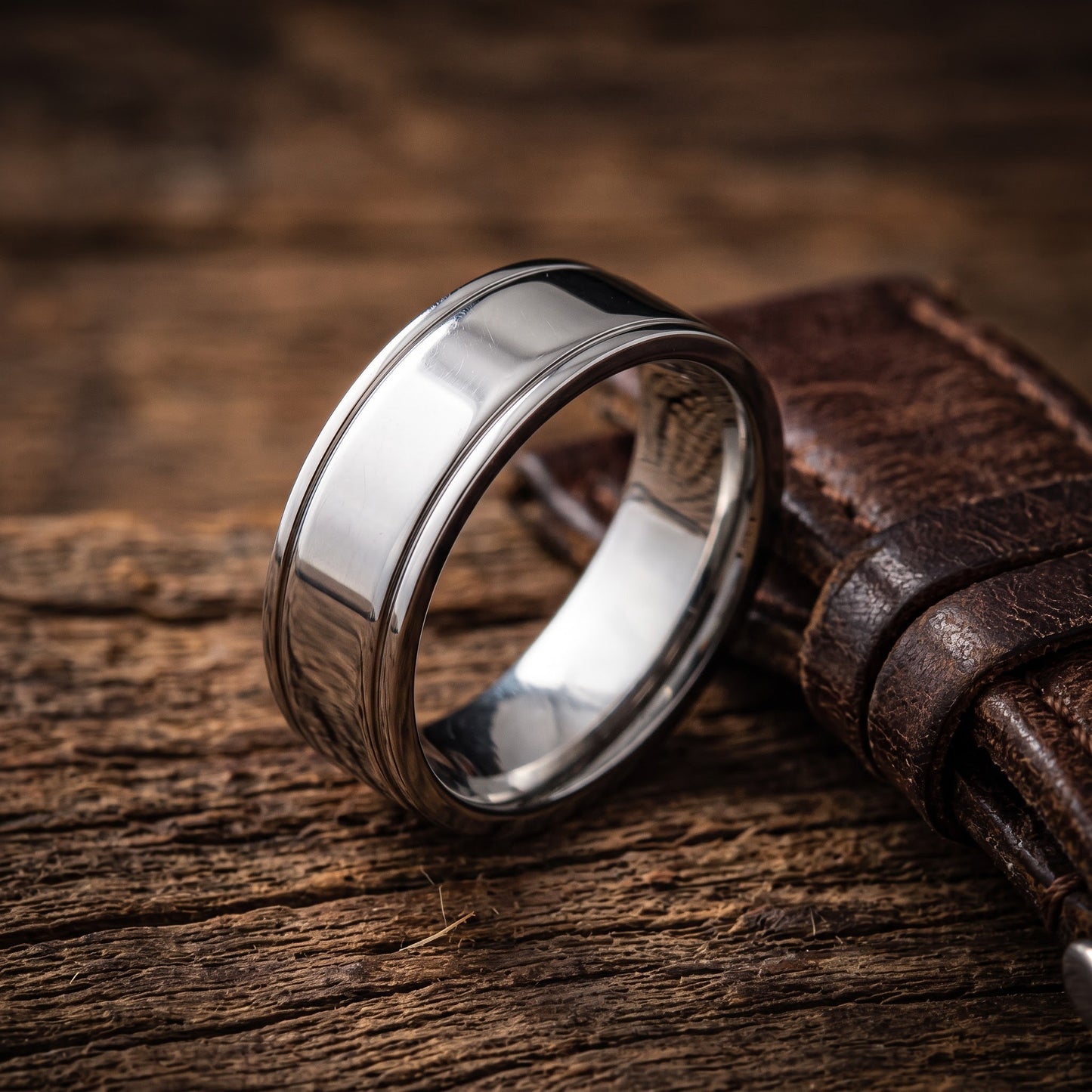 Stainless Steel Men's Double Groove Polished Wedding Band Ring, Comfort Fit, Gift for Him view 2