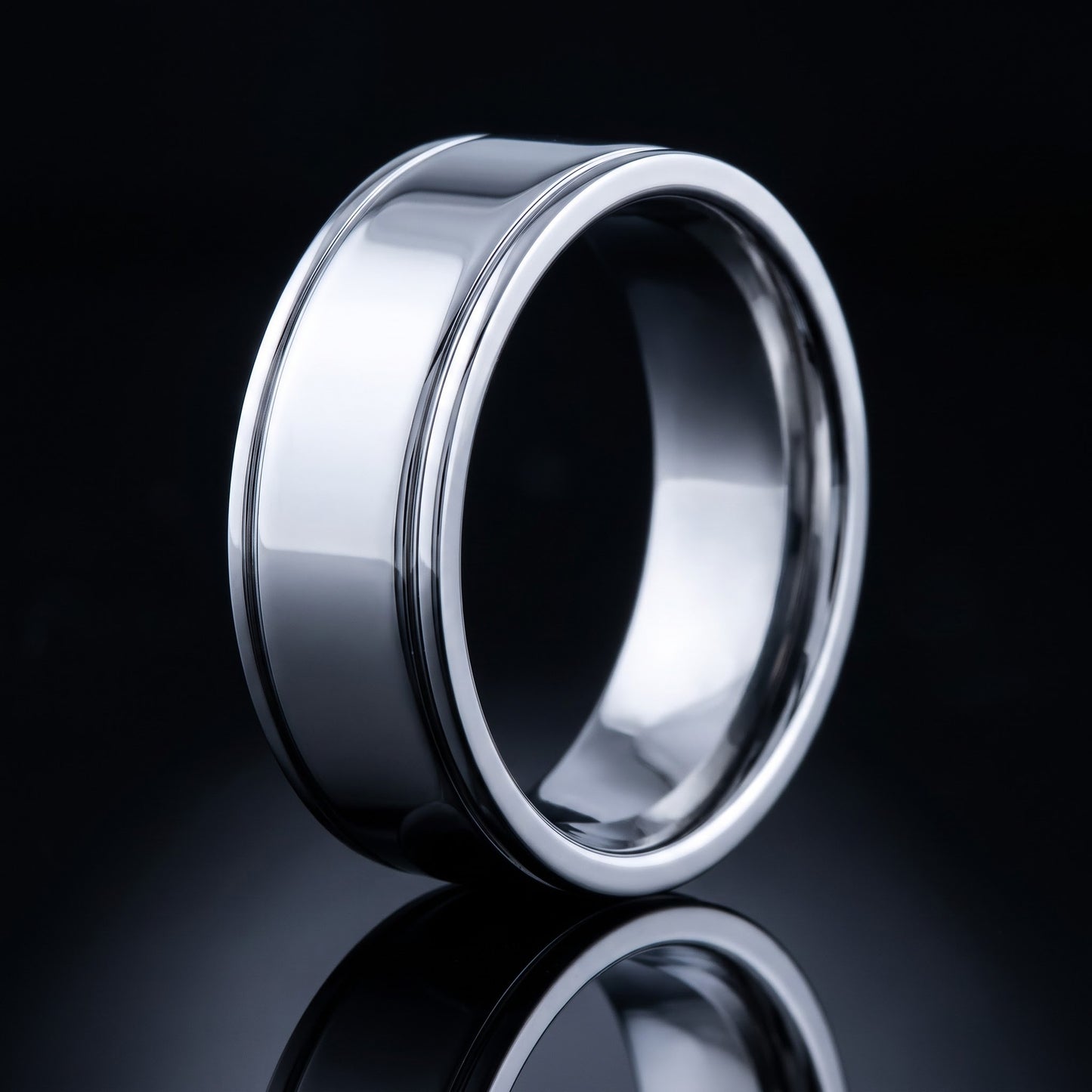 Stainless Steel Men's Double Groove Polished Wedding Band Ring, Comfort Fit, Gift for Him view 3