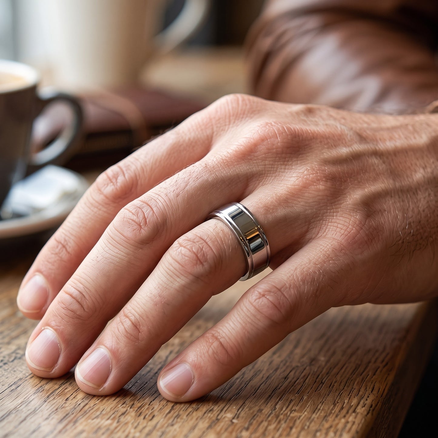 Stainless Steel Men's Double Groove Polished Wedding Band Ring, Comfort Fit, Gift for Him view 5