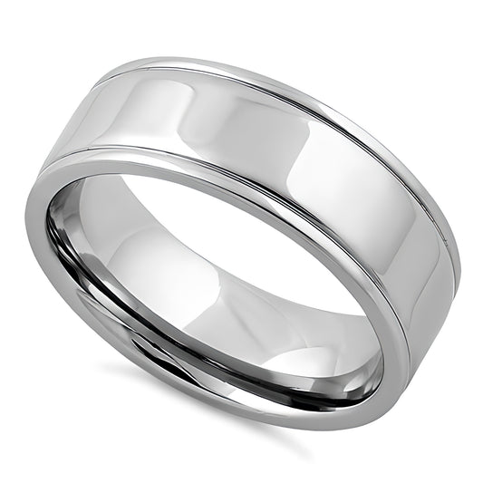 Stainless Steel Men's Double Groove Polished Wedding Band Ring, Comfort Fit, Gift for Him