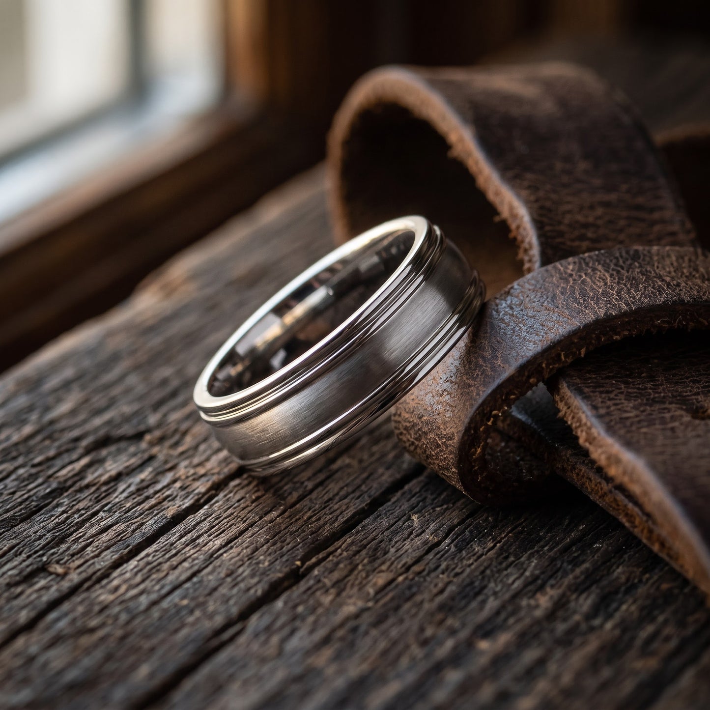 Stainless Steel Men's Thin Grooves Satin Finish Wedding Band Ring, Comfort Fit, Gift for Him view 2
