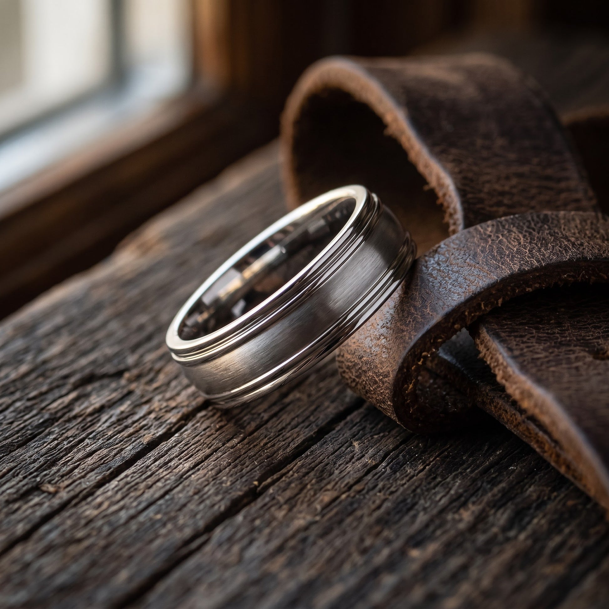 Stainless Steel Men's Thin Grooves Satin Finish Wedding Band Ring, Comfort Fit, Gift for Him view 2