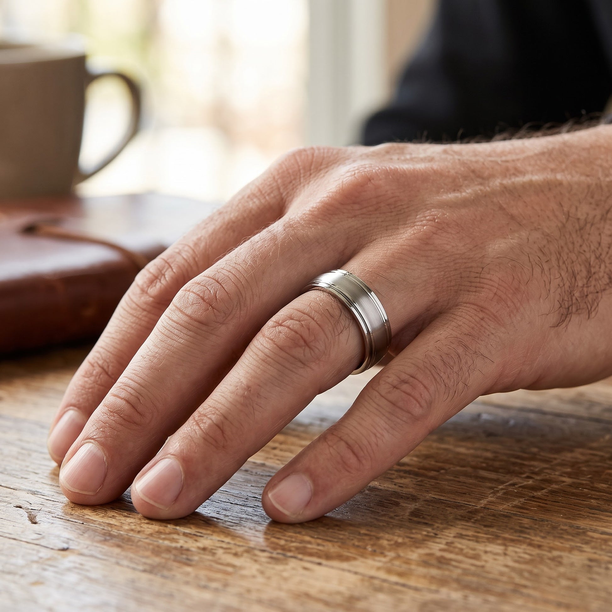 Stainless Steel Men's Thin Grooves Satin Finish Wedding Band Ring, Comfort Fit, Gift for Him view 5