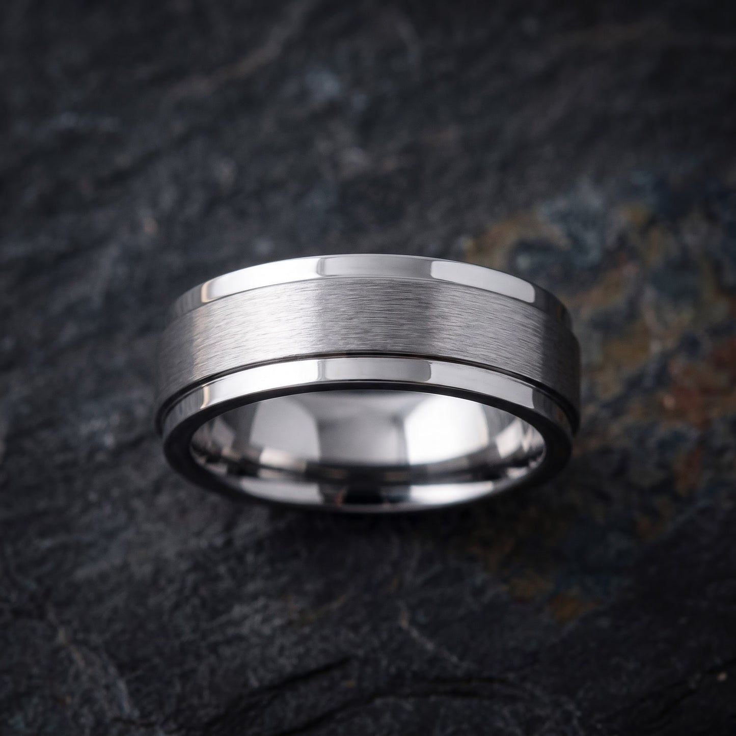 Stainless Steel Men's Stair Step Satin Finish Polished Wedding Band Ring, Comfort Fit, Gift for Him view 1