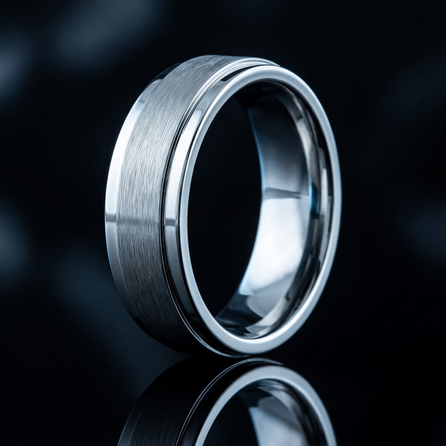 Stainless Steel Men's Stair Step Satin Finish Polished Wedding Band Ring, Comfort Fit, Gift for Him view 3
