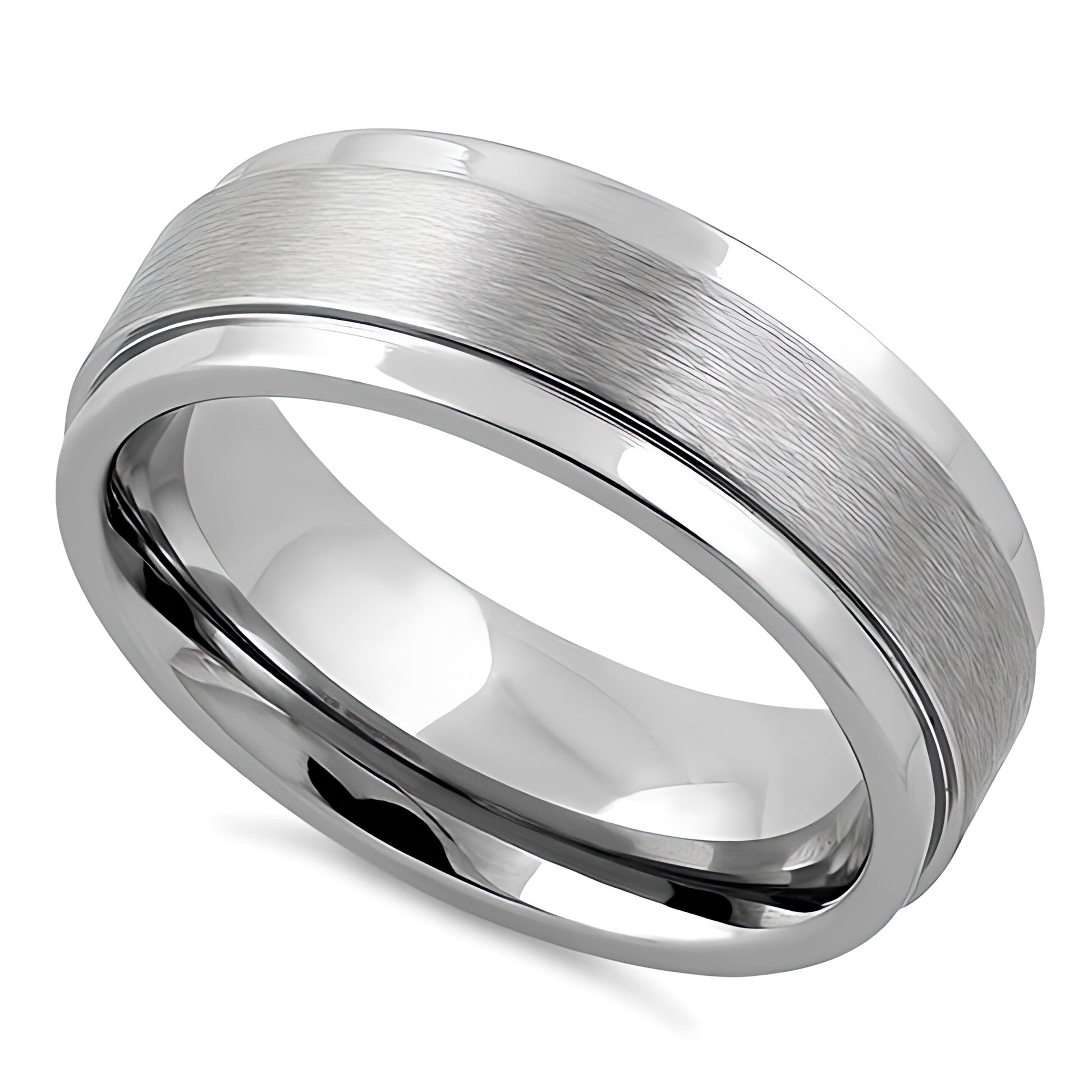 Stainless Steel Men's Stair Step Satin Finish Polished Wedding Band Ring, Comfort Fit, Gift for Him